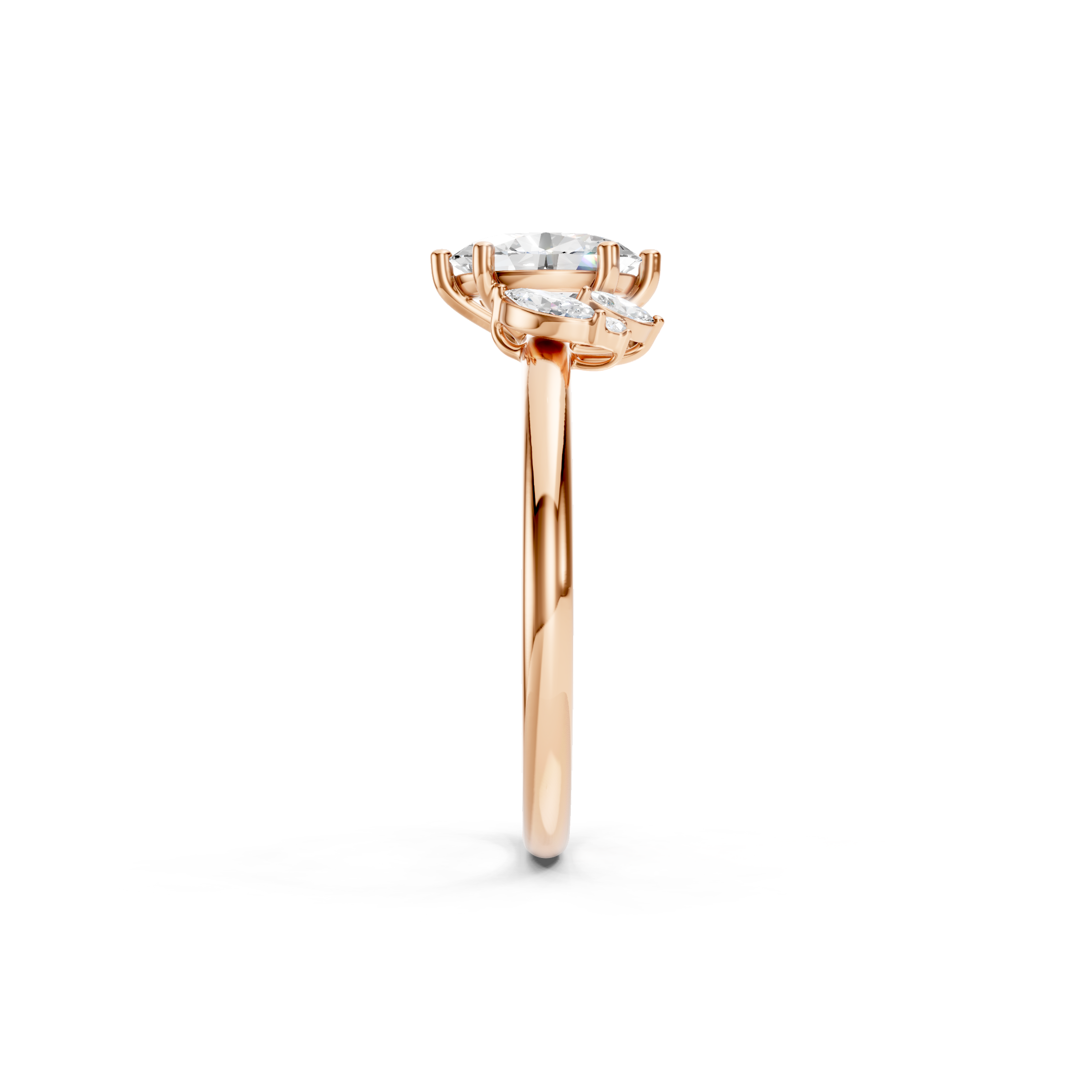 Oval Cut Lab Grown Diamond Engagement Ring in 14K Rose Gold with Marquise and Round Diamond Side Stones, Elegant Bridal Ring for Her