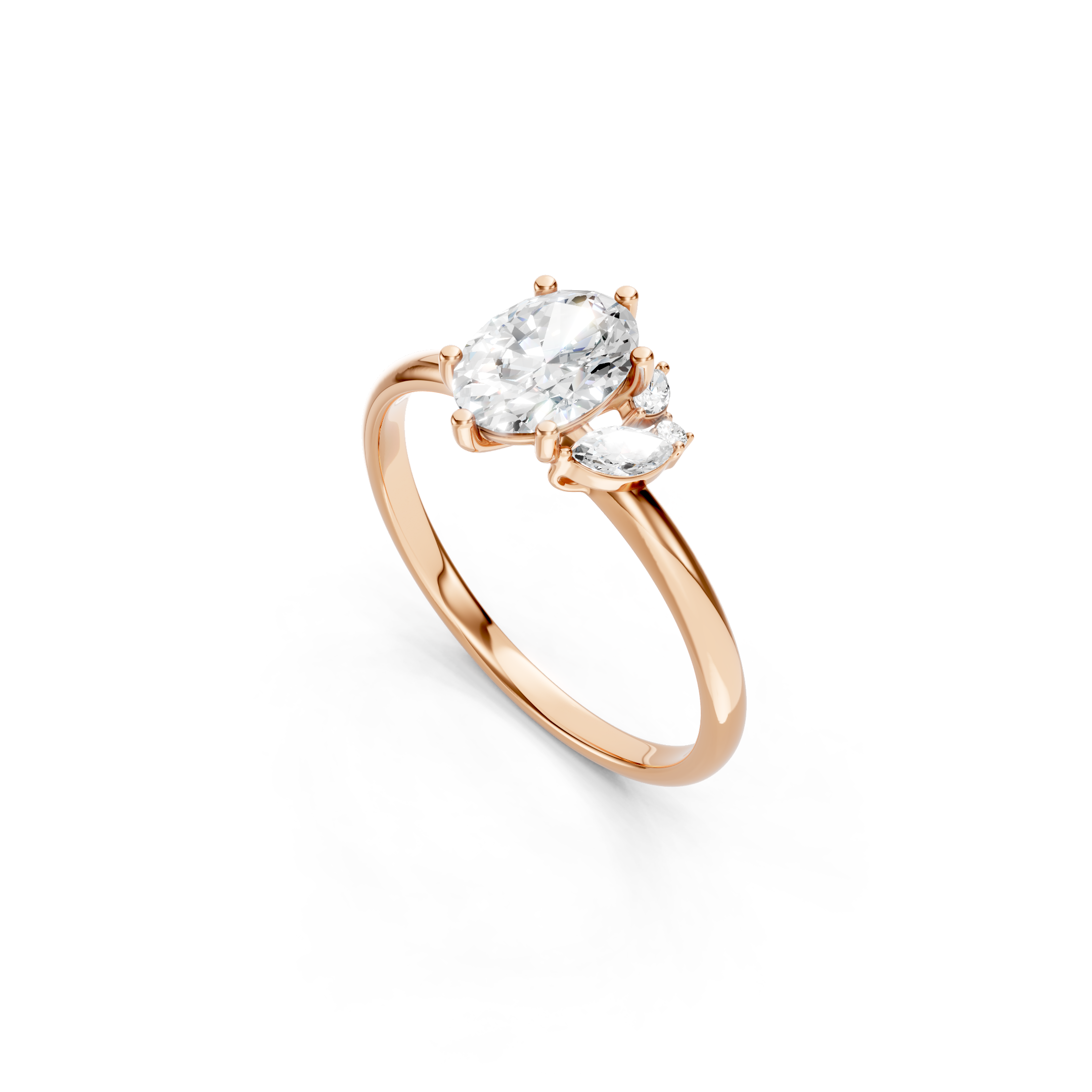 Oval Lab Grown Diamond Engagement Ring in Rose Gold Featuring Marquise Cut Diamond Accents and a Polished Gold Band