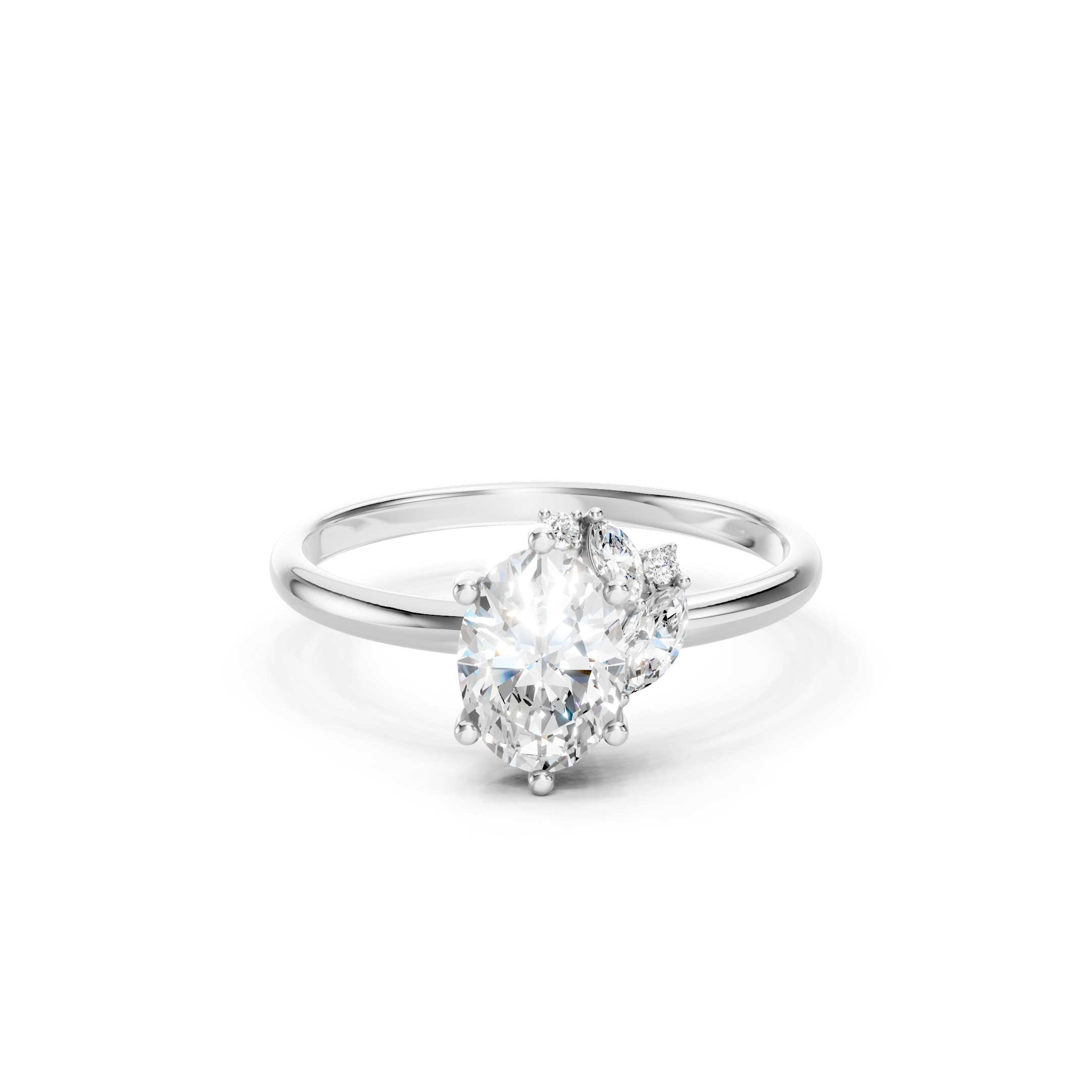 Oval Cut Lab Grown Diamond Engagement Ring in 14K White Gold with Marquise and Round Diamond Side Stones, Elegant Bridal Jewelry