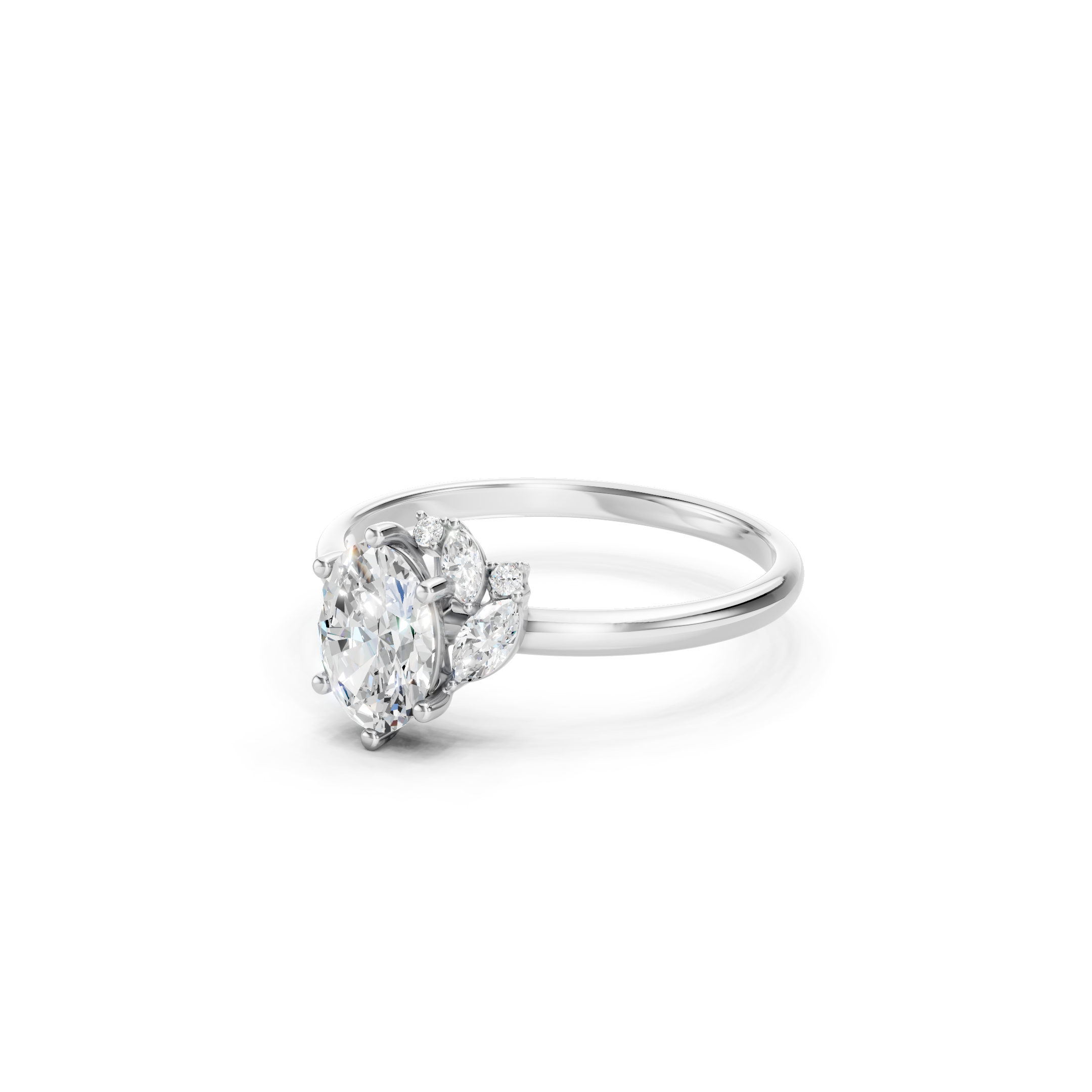 Oval Cut Lab Grown Diamond Engagement Ring in 14K White Gold with Marquise and Round Diamond Side Stones, Elegant Bridal Jewelry