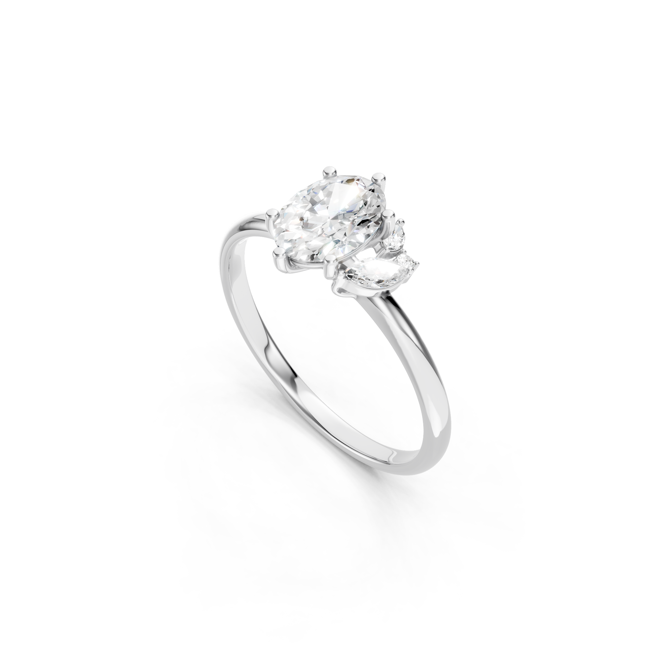 Oval Lab Grown Diamond Engagement Ring with Marquise Cut and Round Diamond Accents in Polished White Gold Setting
