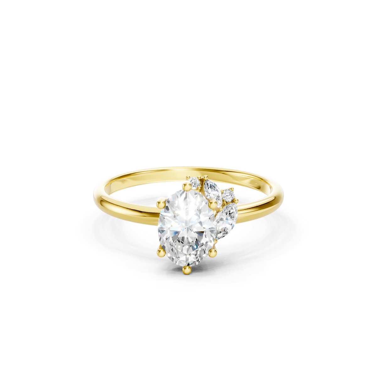 Oval Cut Lab Grown Diamond Engagement Ring in 14K Yellow Gold with Marquise and Round Diamond Side Stones, Elegant Bridal Jewelry
