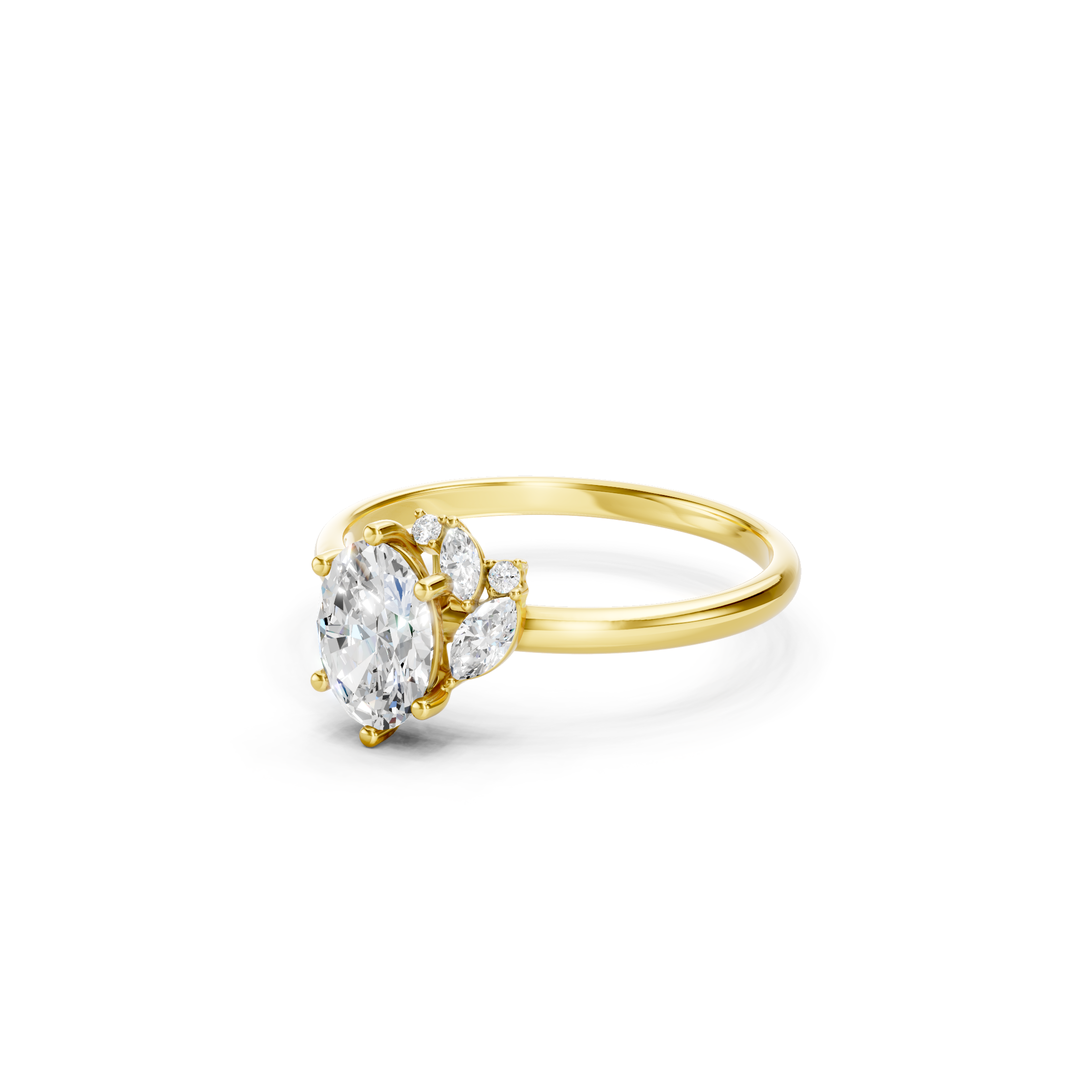 Oval Cut Lab Grown Diamond Engagement Ring in 14K Yellow Gold with Marquise and Round Diamond Side Stones, Elegant Bridal Jewelry