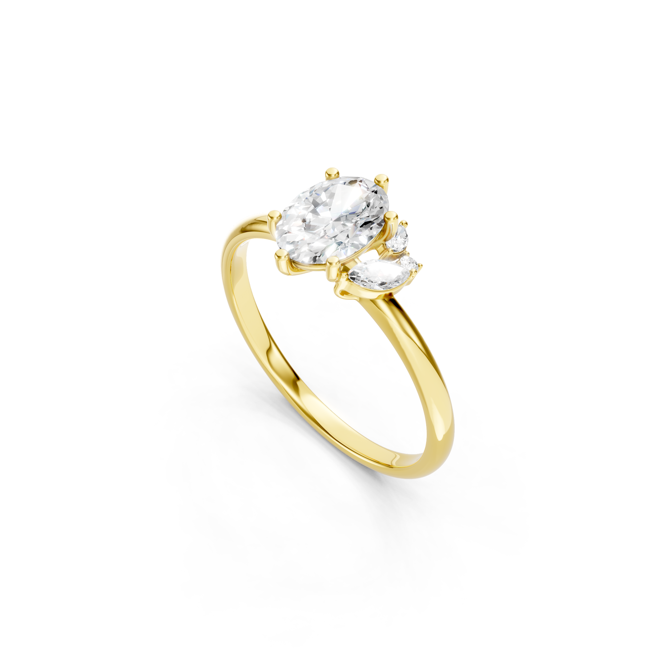 Oval Lab Grown Diamond Engagement Ring Featuring Marquise Cut and Round Diamond Accents in Polished Yellow Gold