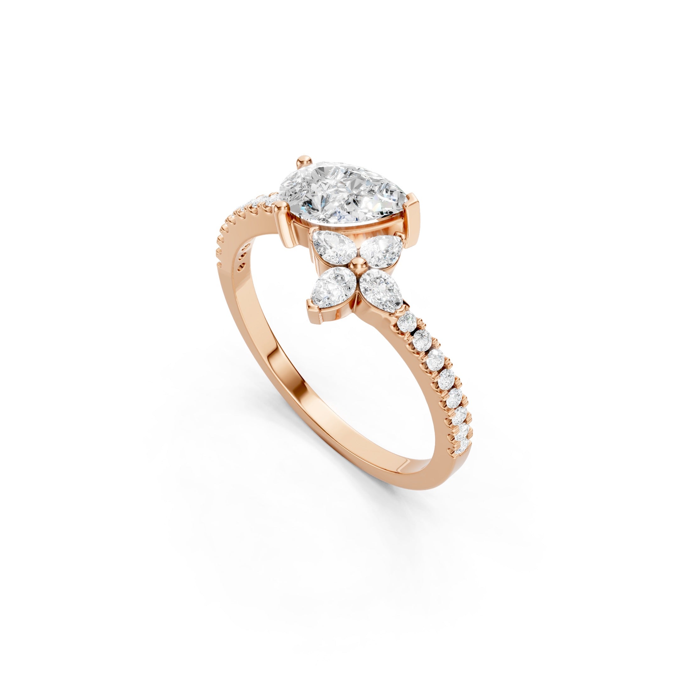 1 CT Oval Lab Grown Diamond Engagement Ring, Floral Marquise Side Stone Ring 