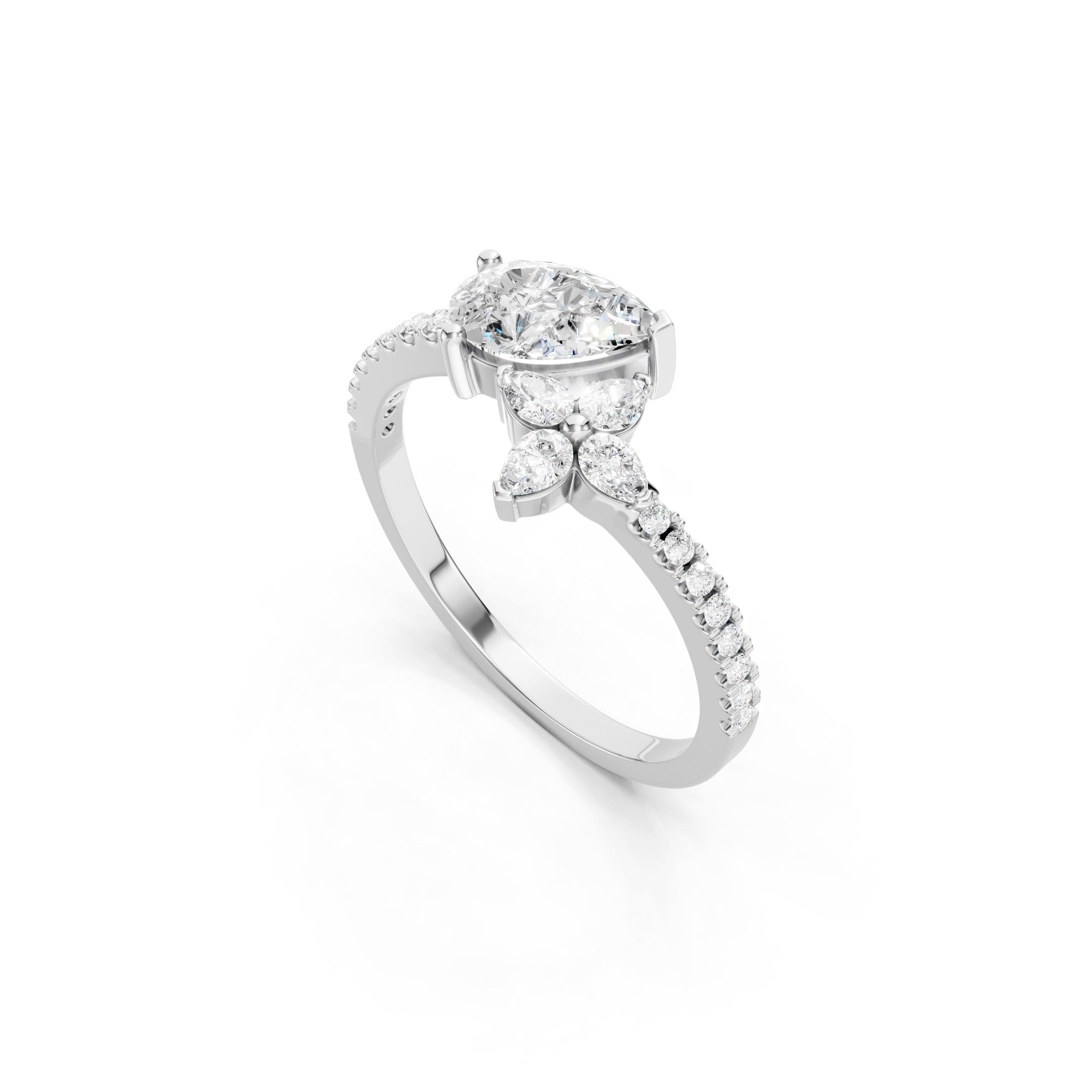1 CT Oval Lab Grown Diamond Engagement Ring, Floral Marquise Side Stone Ring 