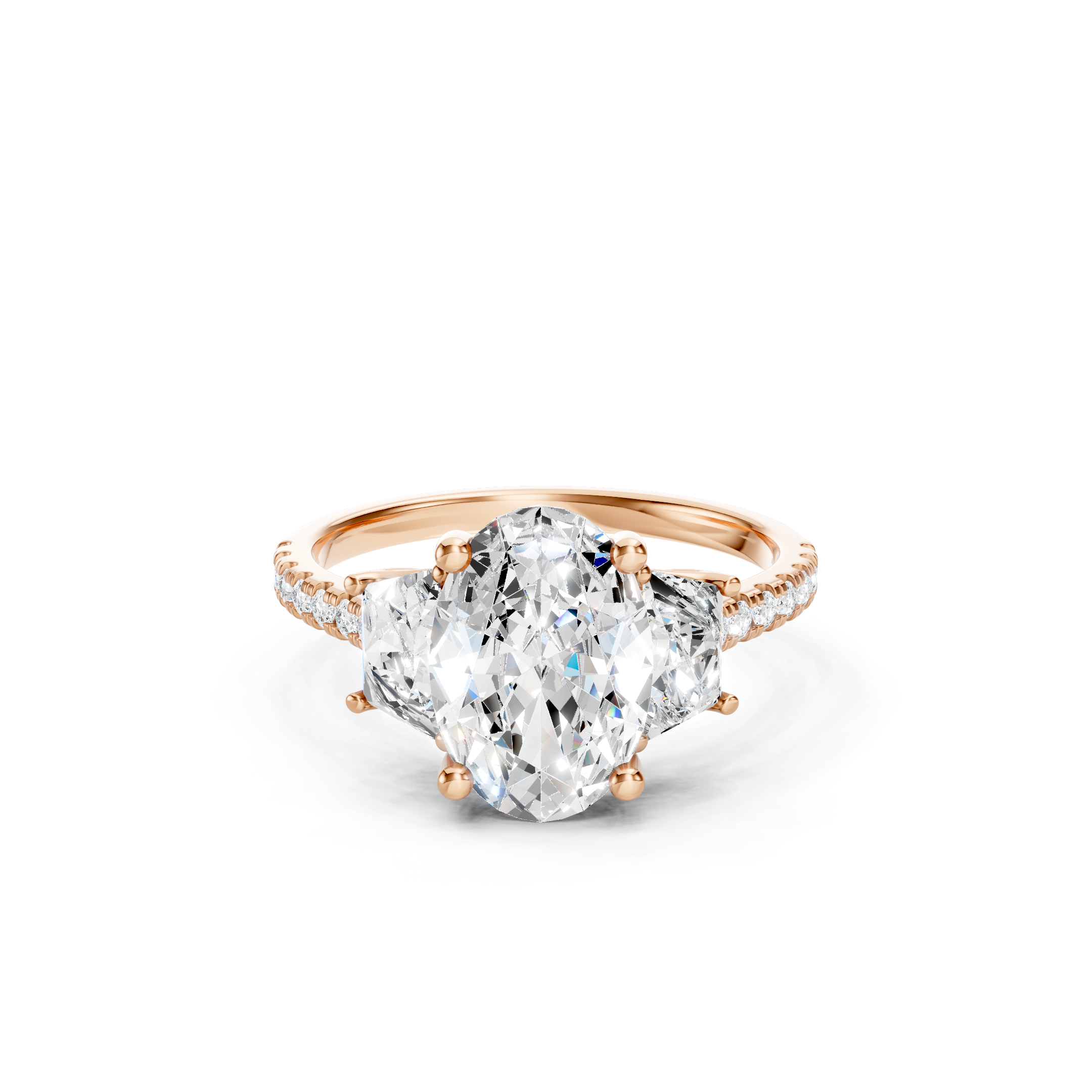 Oval Lab Grown Diamond Engagement Ring in 14K Rose Gold, Three Stone Bridal Ring with Trapezoid Side Diamonds and Pave Diamond Band