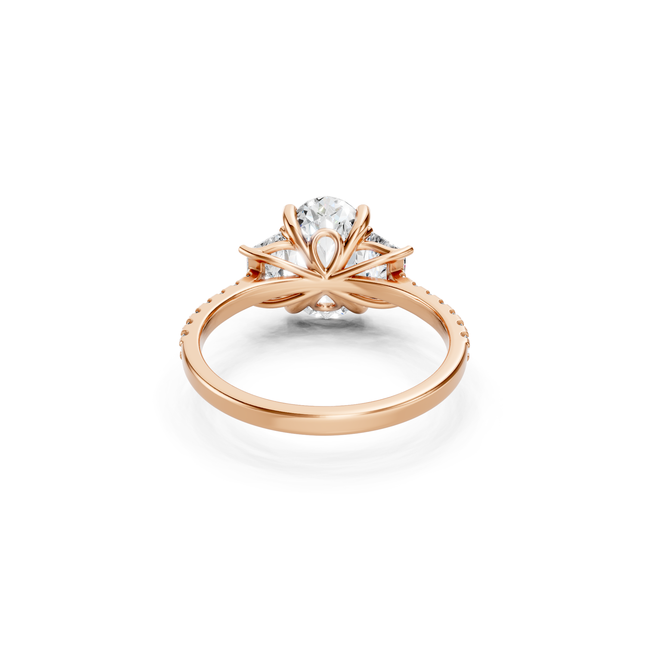 14K Rose Gold Lab Grown Diamond Engagement Ring with Oval Center Stone, Sculpted Basket Setting, Decorative Prongs and Diamond Accent Band, Rear View