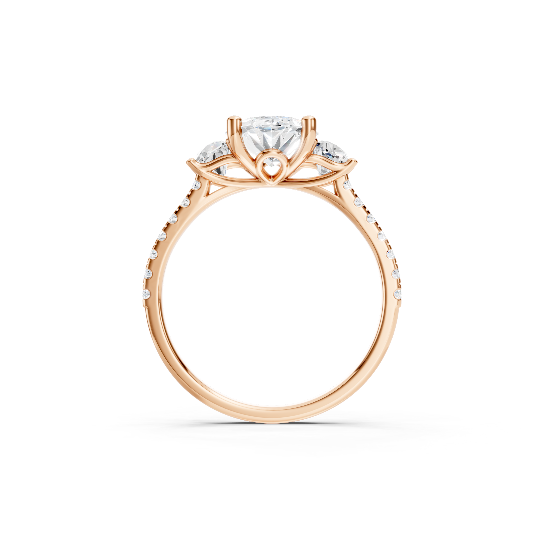 Oval Lab Grown Diamond Engagement Ring in 14K Rose Gold, Three Stone Bridal Ring with Trapezoid Side Diamonds and Pave Diamond Band