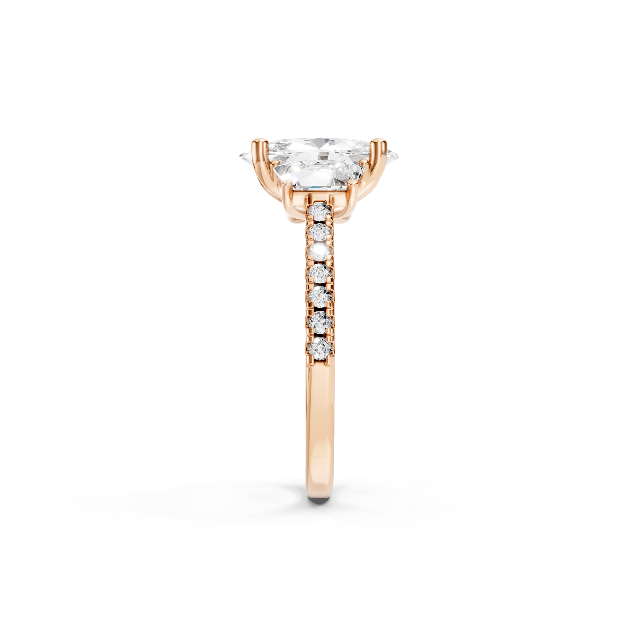 Oval Lab Grown Diamond Engagement Ring in 14K Rose Gold, Three Stone Bridal Ring with Trapezoid Side Diamonds and Pave Diamond Band