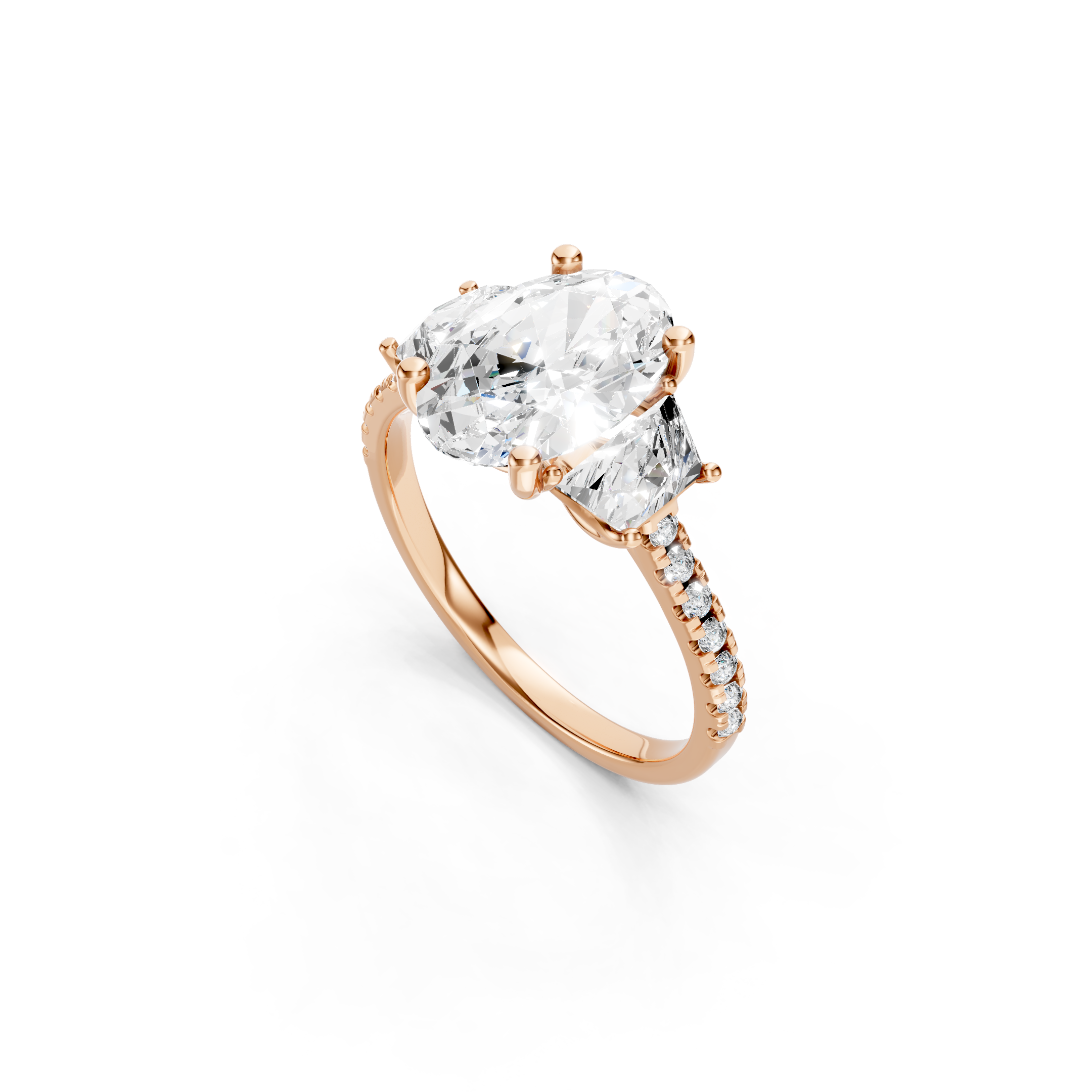Rose Gold Oval Cut Lab Grown Diamond Engagement Ring with Trapezoid Side Stones, Prong Set Center Diamond and Sparkling Diamond Accent Band, Side Angle View
