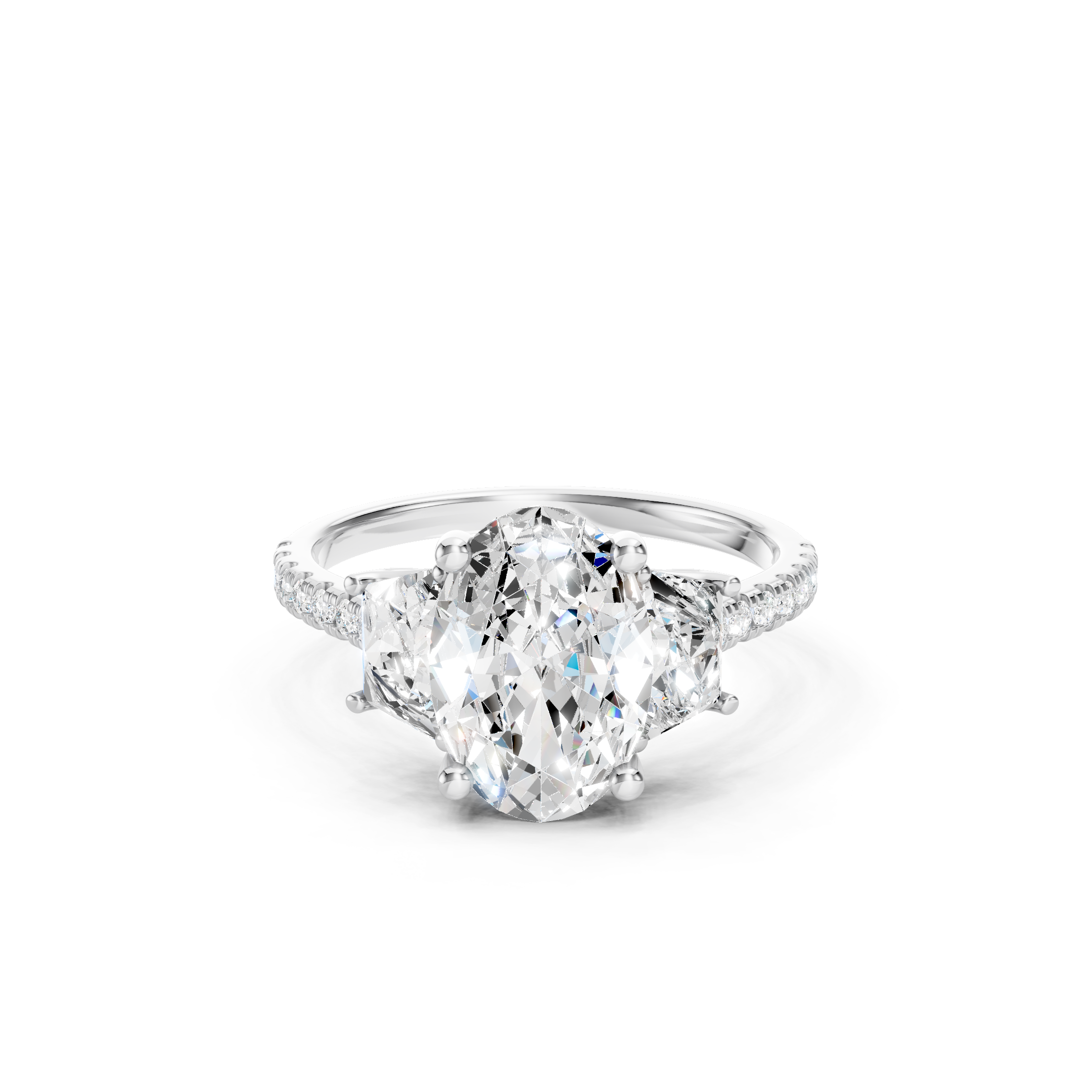 Oval Lab Grown Diamond Engagement Ring in 14K White Gold, Three Stone Bridal Ring with Trapezoid Side Diamonds and Pave Diamond Band