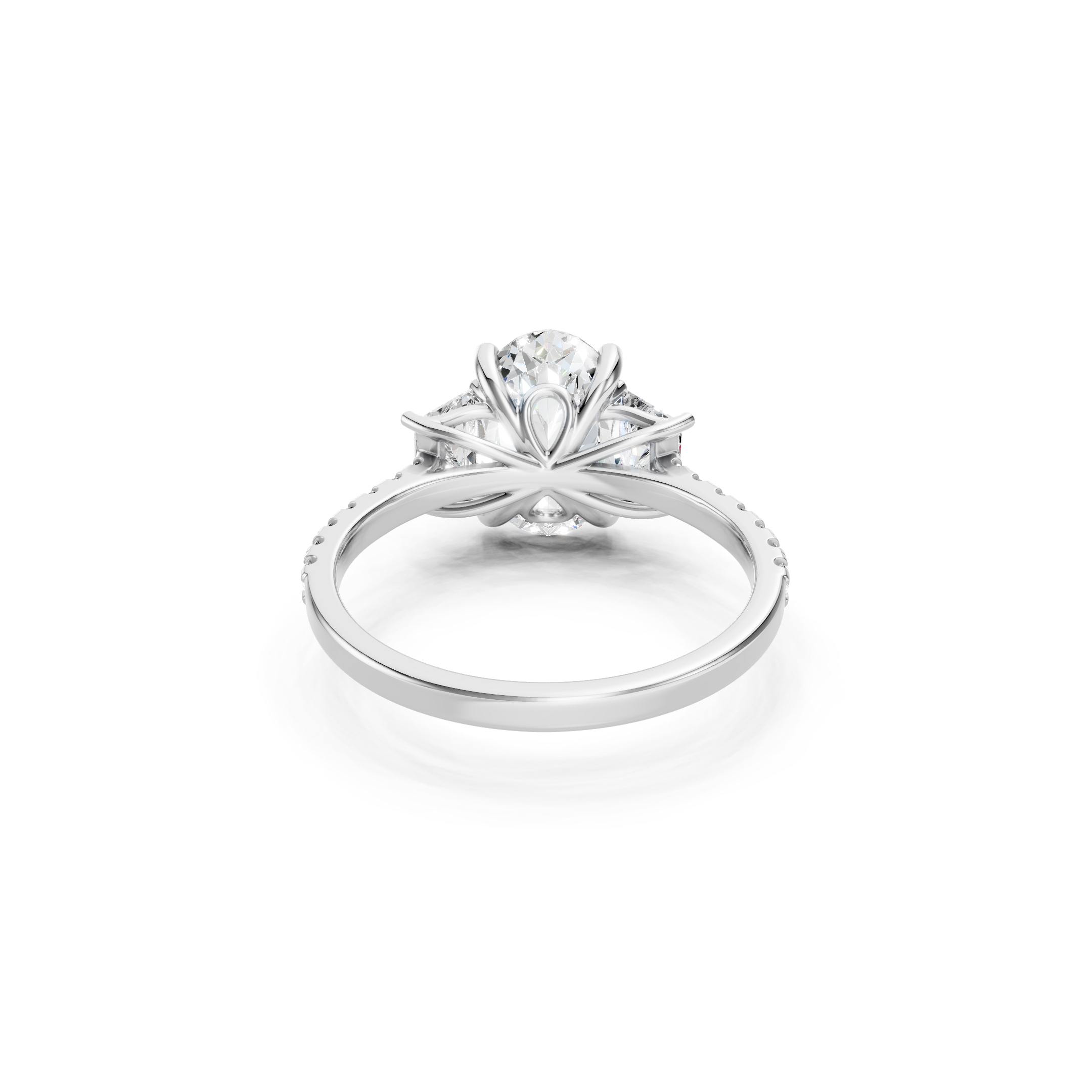 Oval Lab Grown Diamond Engagement Ring in Solid White Gold, Three Stone Diamond Ring with Decorative Basket Setting, Sculpted Prongs and Diamond Accent Band, Back View