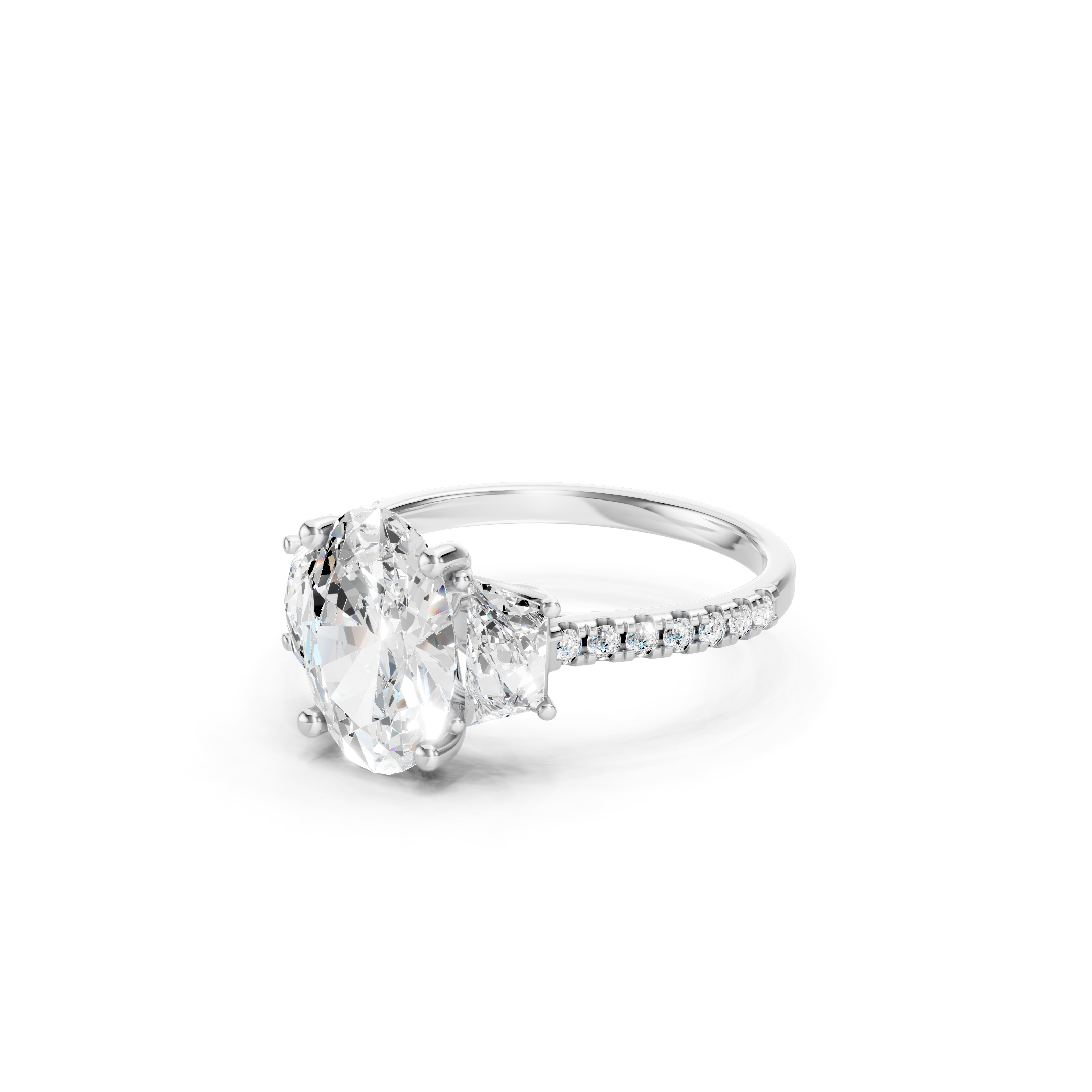 Oval Lab Grown Diamond Engagement Ring in 14K White Gold, Three Stone Bridal Ring with Trapezoid Side Diamonds and Pave Diamond Band