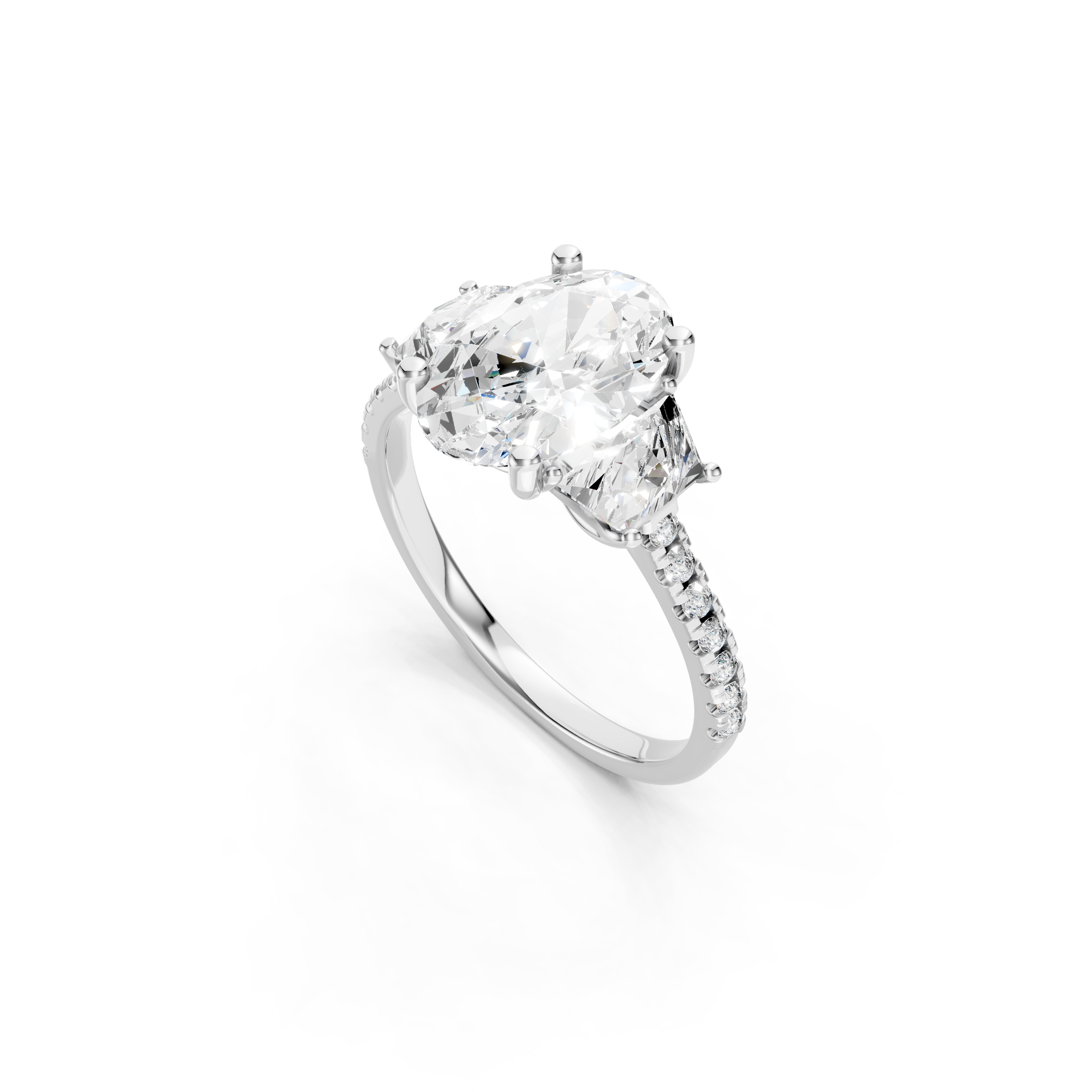 Luxury Oval Cut Lab Grown Diamond Engagement Ring in White Gold with Trapezoid Side Stones, Prong Setting and Sparkling Diamond Accent Band, Side View