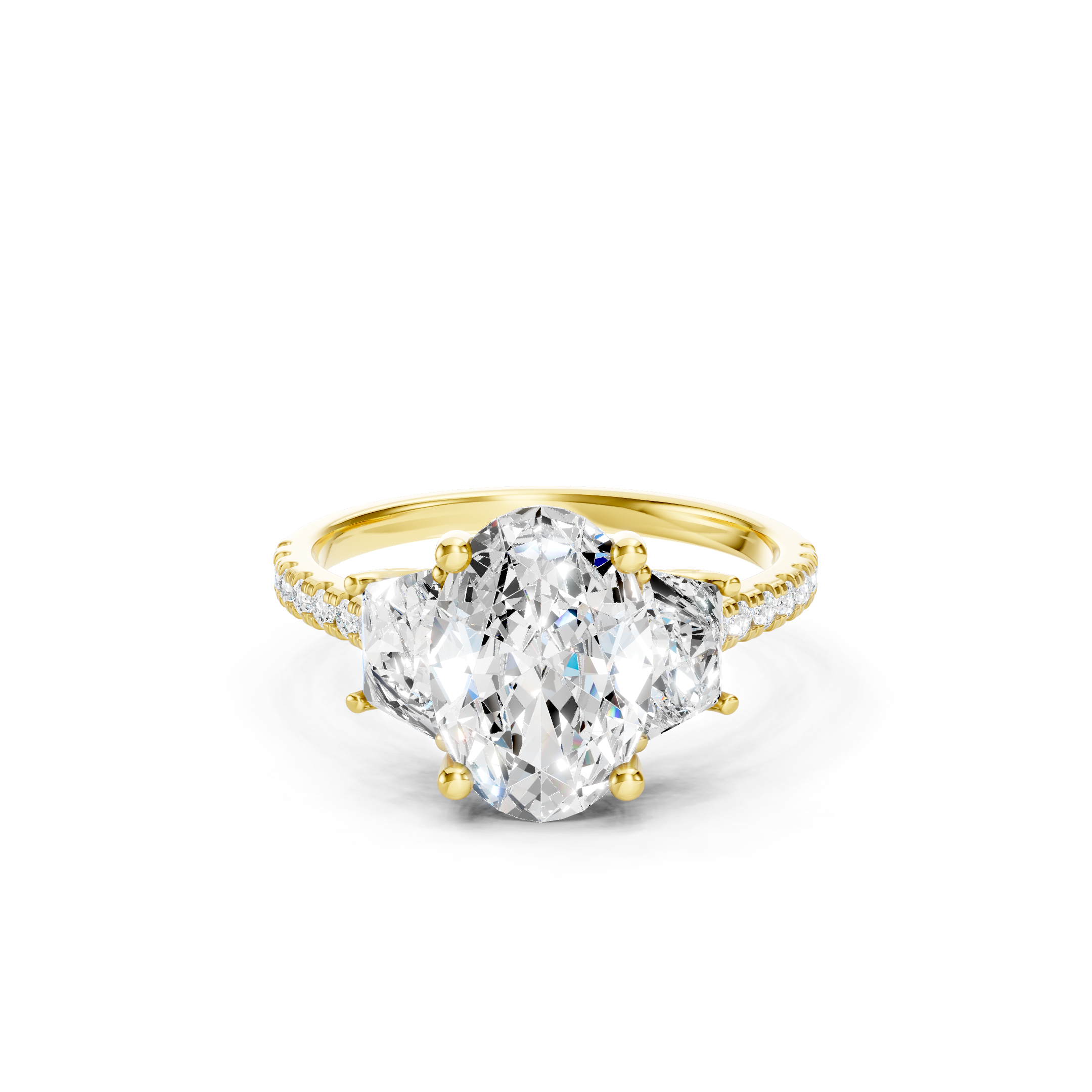 Oval Lab Grown Diamond Engagement Ring in 14K Yellow Gold, Three Stone Bridal Ring with Trapezoid Side Diamonds and Pave Diamond Band