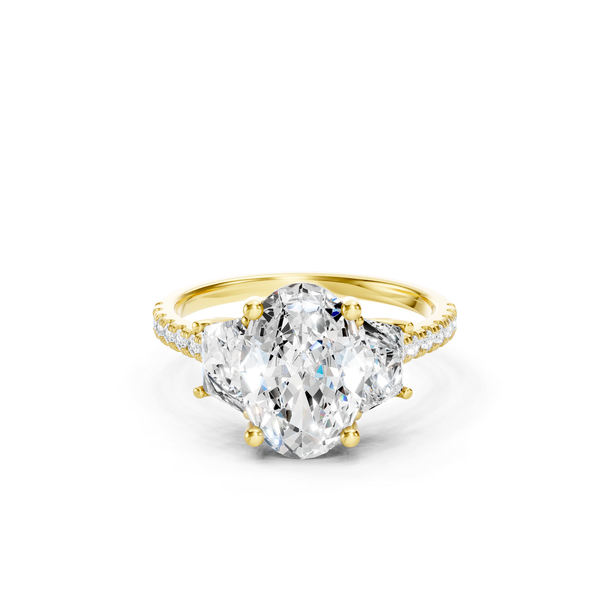 Oval Lab Grown Diamond Engagement Ring in 14K Yellow Gold, Three Stone Bridal Ring with Trapezoid Side Diamonds and Pave Diamond Band