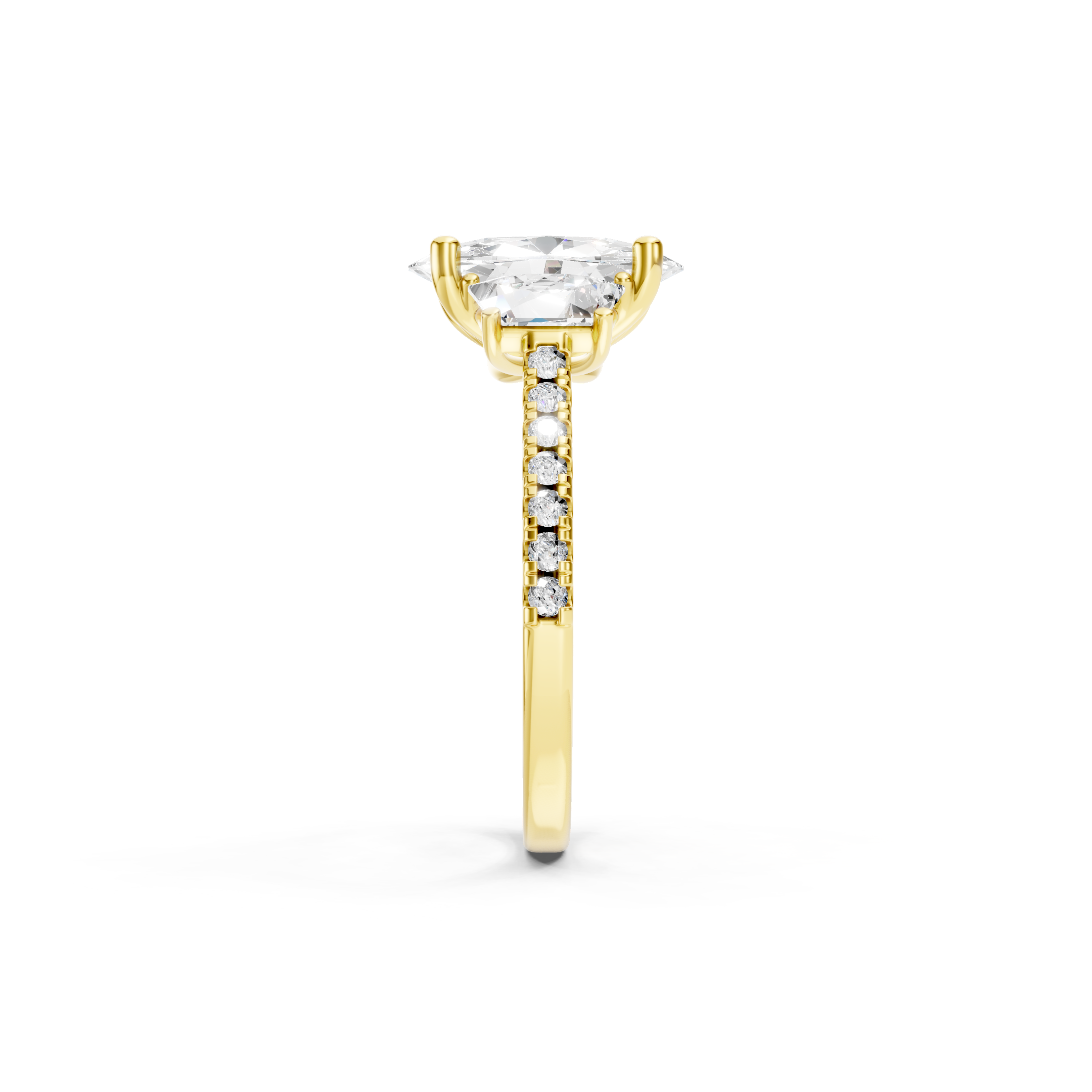 Oval Lab Grown Diamond Engagement Ring in 14K Yellow Gold, Three Stone Bridal Ring with Trapezoid Side Diamonds and Pave Diamond Band