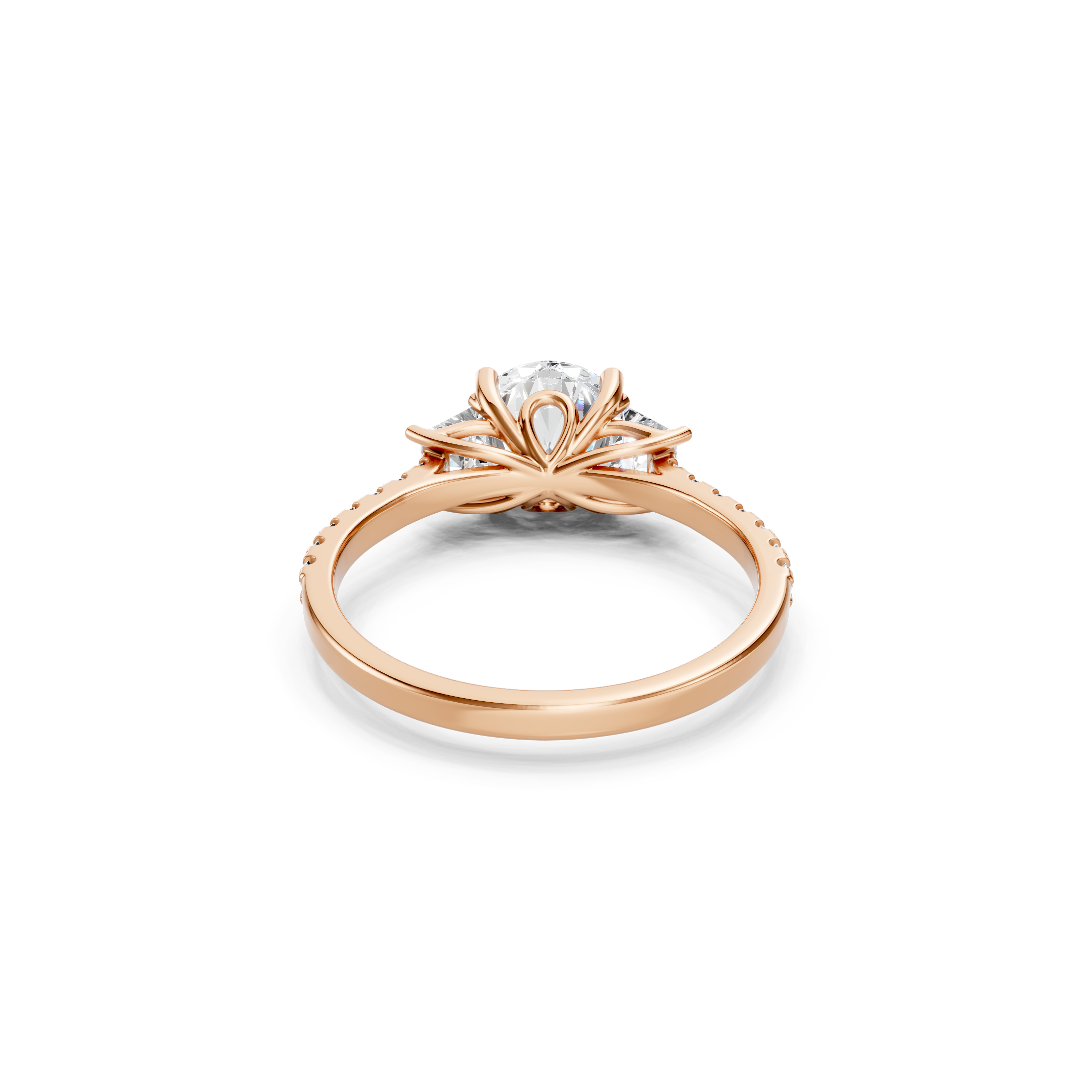 Rose Gold Lab Grown Diamond Engagement Ring with Decorative Basket Setting, Round Center Diamond, Trapezoid Side Stones and Diamond Accents Along the Wedding Band, Rear View
