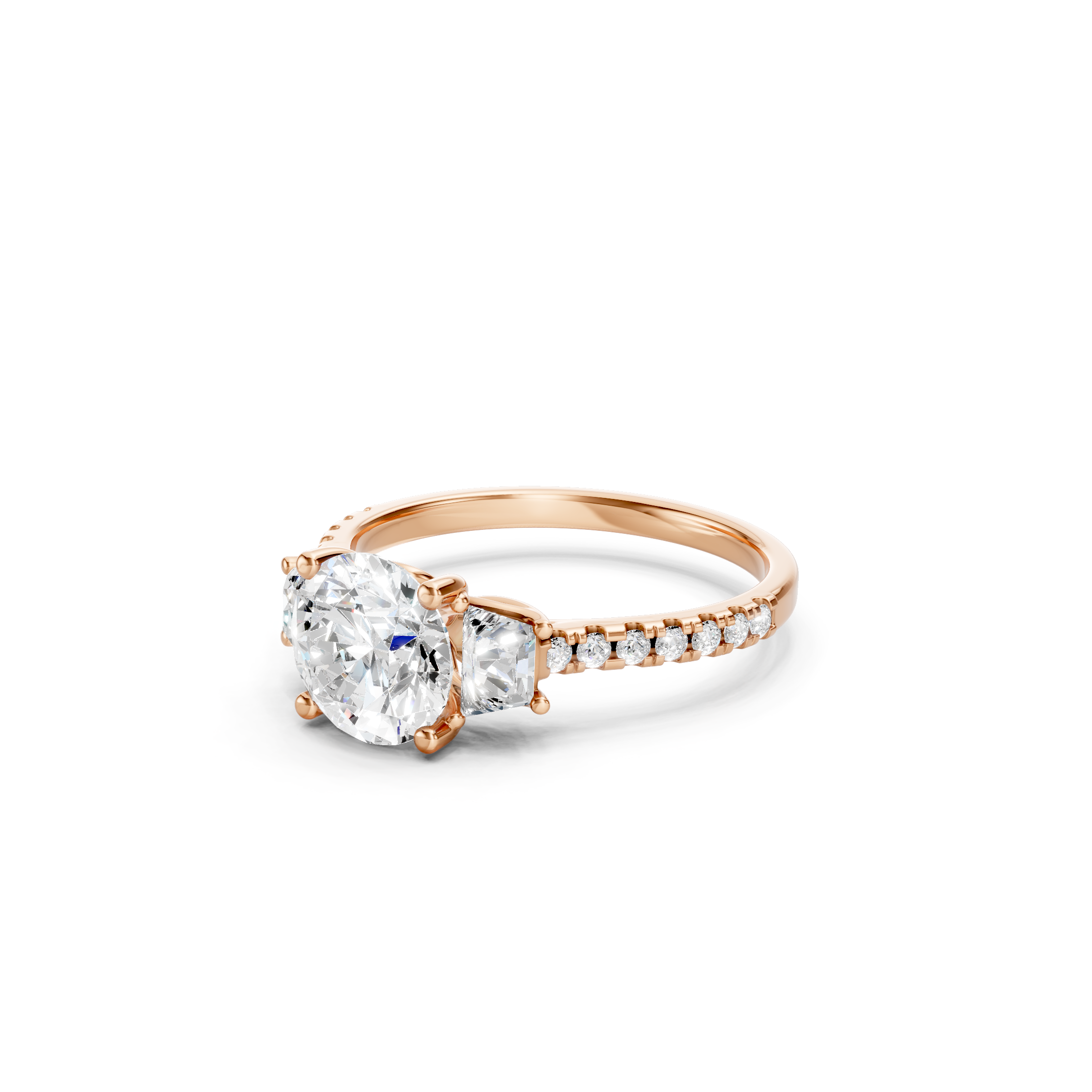 Rose Gold Lab Grown Diamond Three Stone Engagement Ring with Round Center Diamond, Trapezoid Side Stones, Pavé Diamond Band, Elegant Luxury Bridal Jewelry