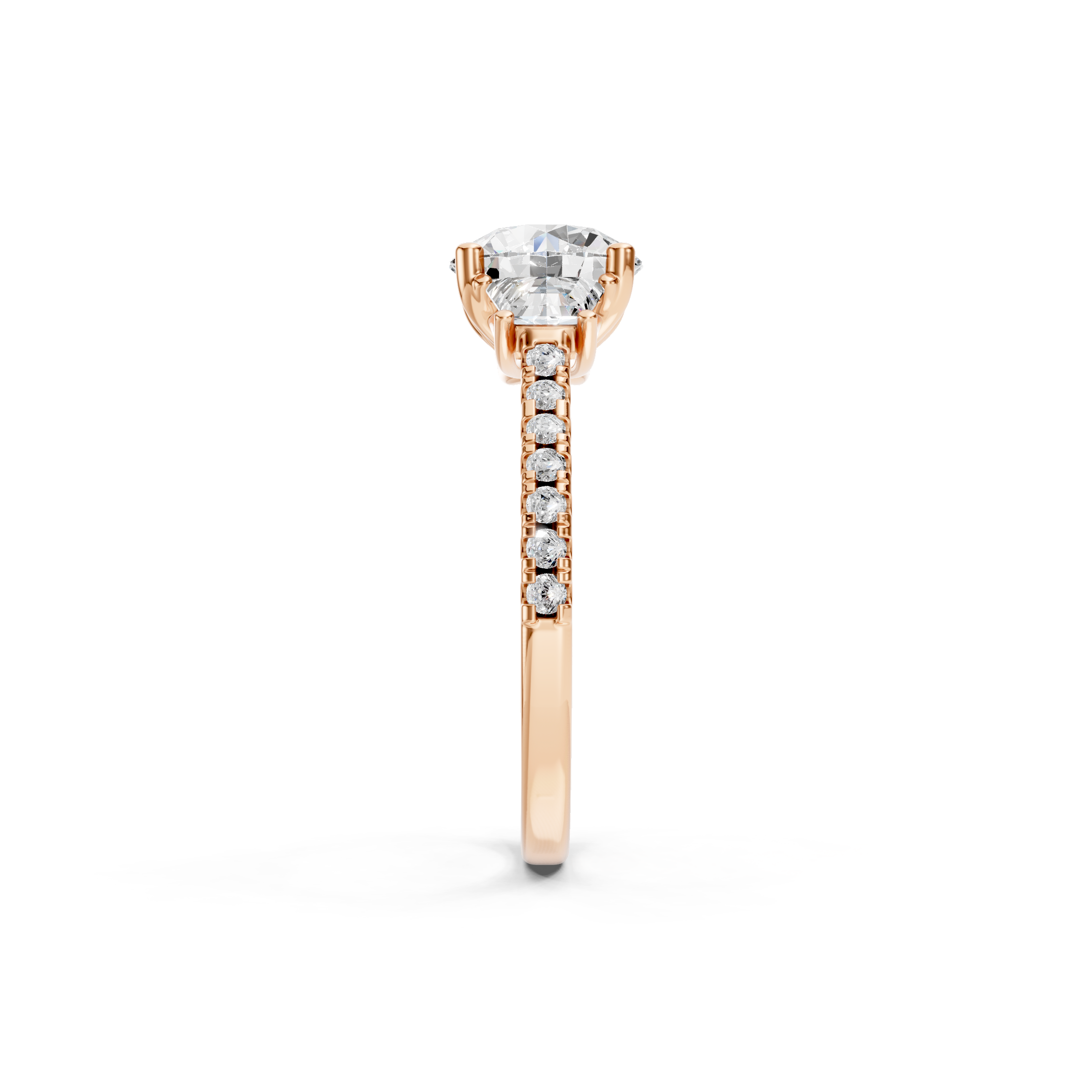 Rose Gold Lab Grown Diamond Three Stone Engagement Ring with Round Center Diamond, Trapezoid Side Stones, Pavé Diamond Band, Elegant Luxury Bridal Jewelry