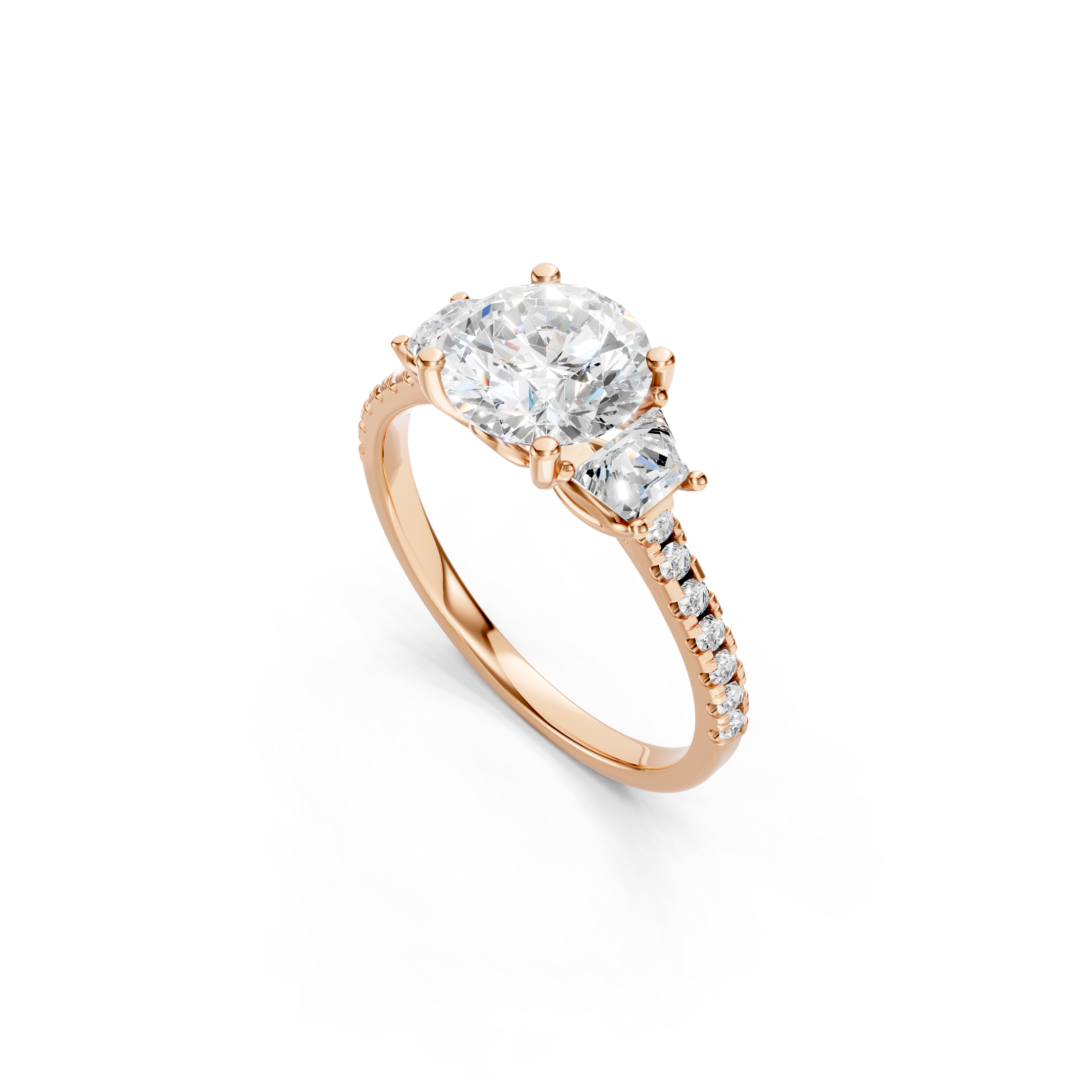 Rose Gold Three Stone Lab Grown Diamond Engagement Ring Featuring a Brilliant Round Center Stone, Trapezoid Side Diamond, Prong Setting and Sparkling Diamond Accent Band