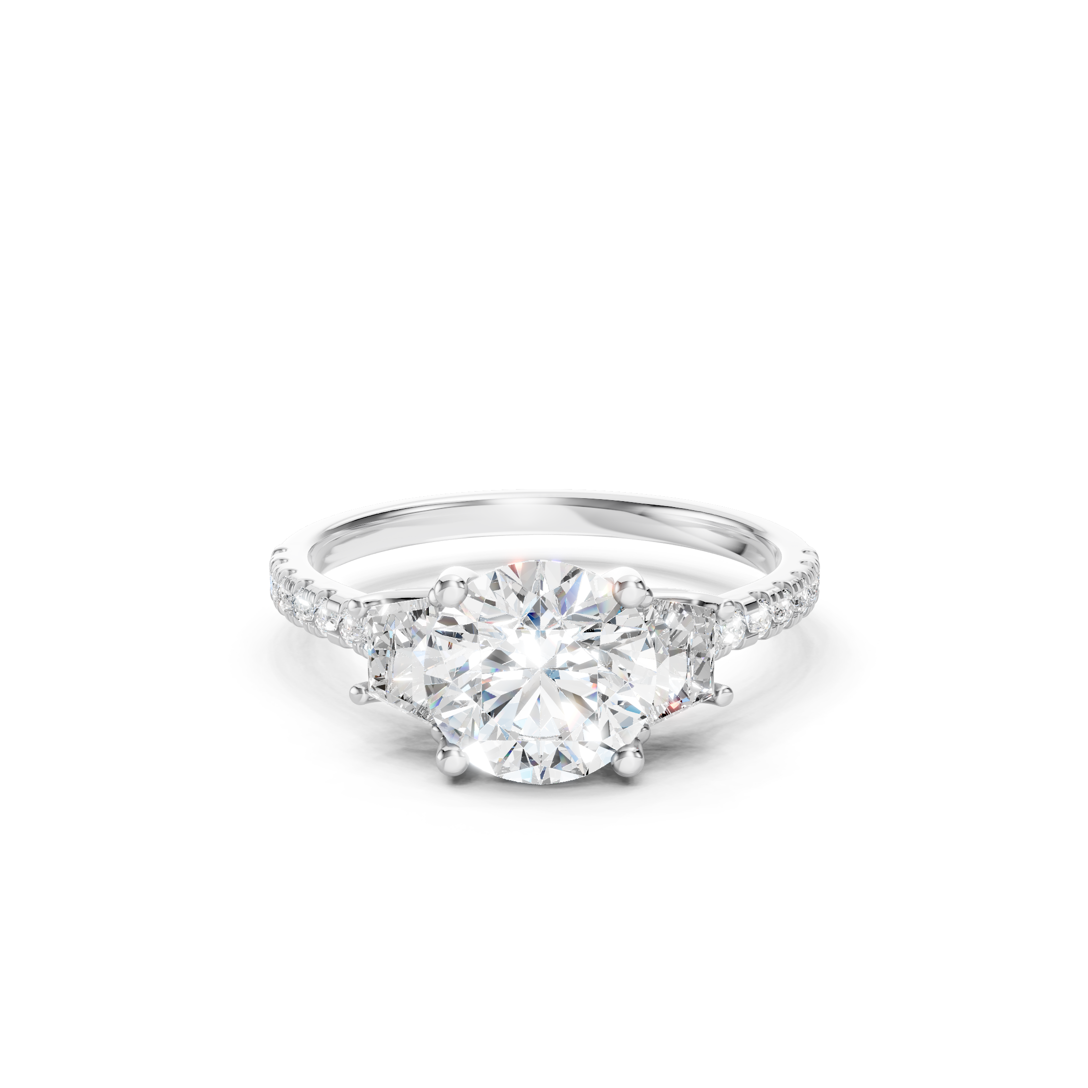 Round Cut Lab Grown Diamond Three Stone Engagement Ring in White Gold, Trapezoid Side Diamonds, Pavé Diamond Band, Elegant Luxury Bridal Jewelry