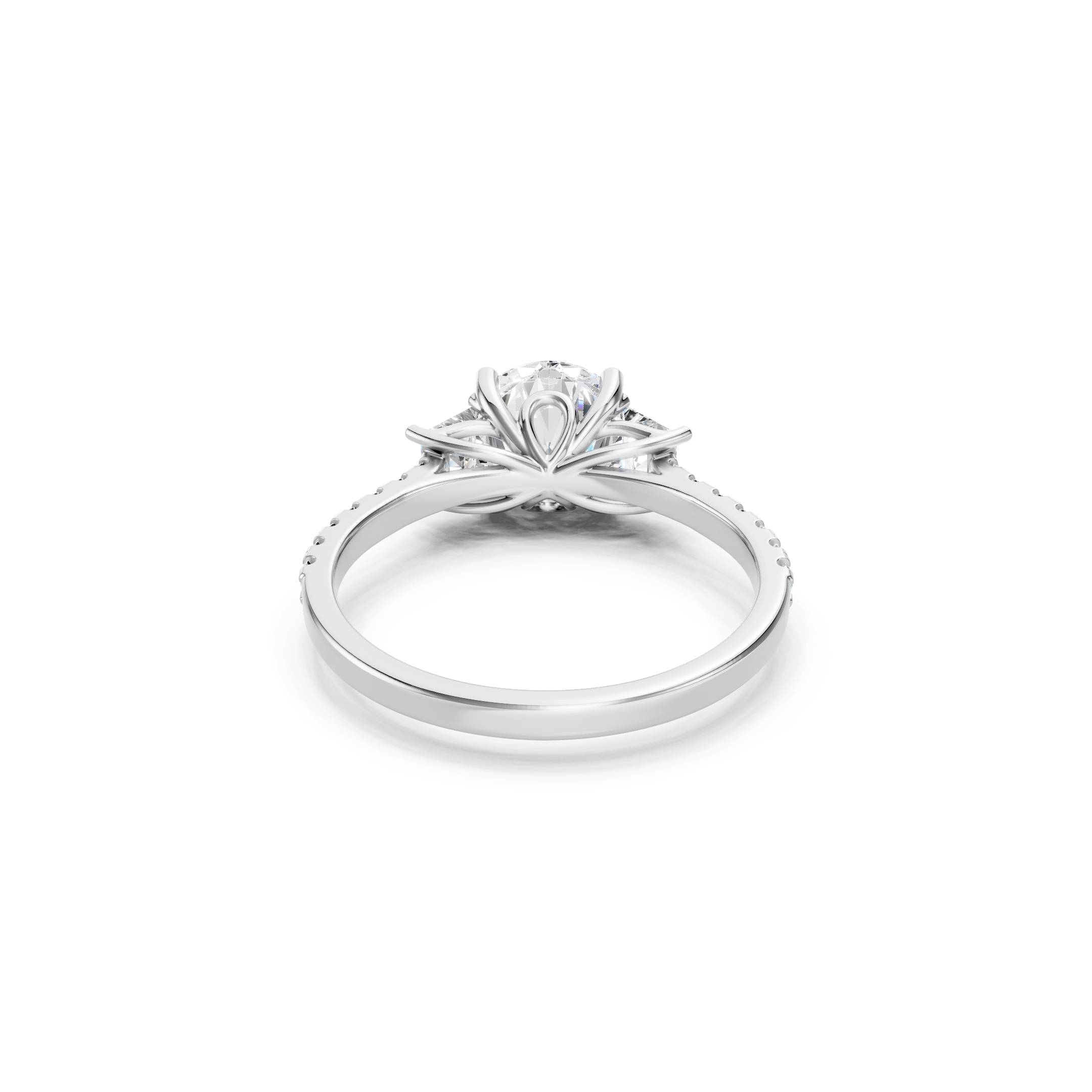 Solid White Gold Three Stone Lab Grown Diamond Ring with Decorative Basket Setting, Round Center Stone, Trapezoid Side Diamonds and Diamond Accent Band, Rear View