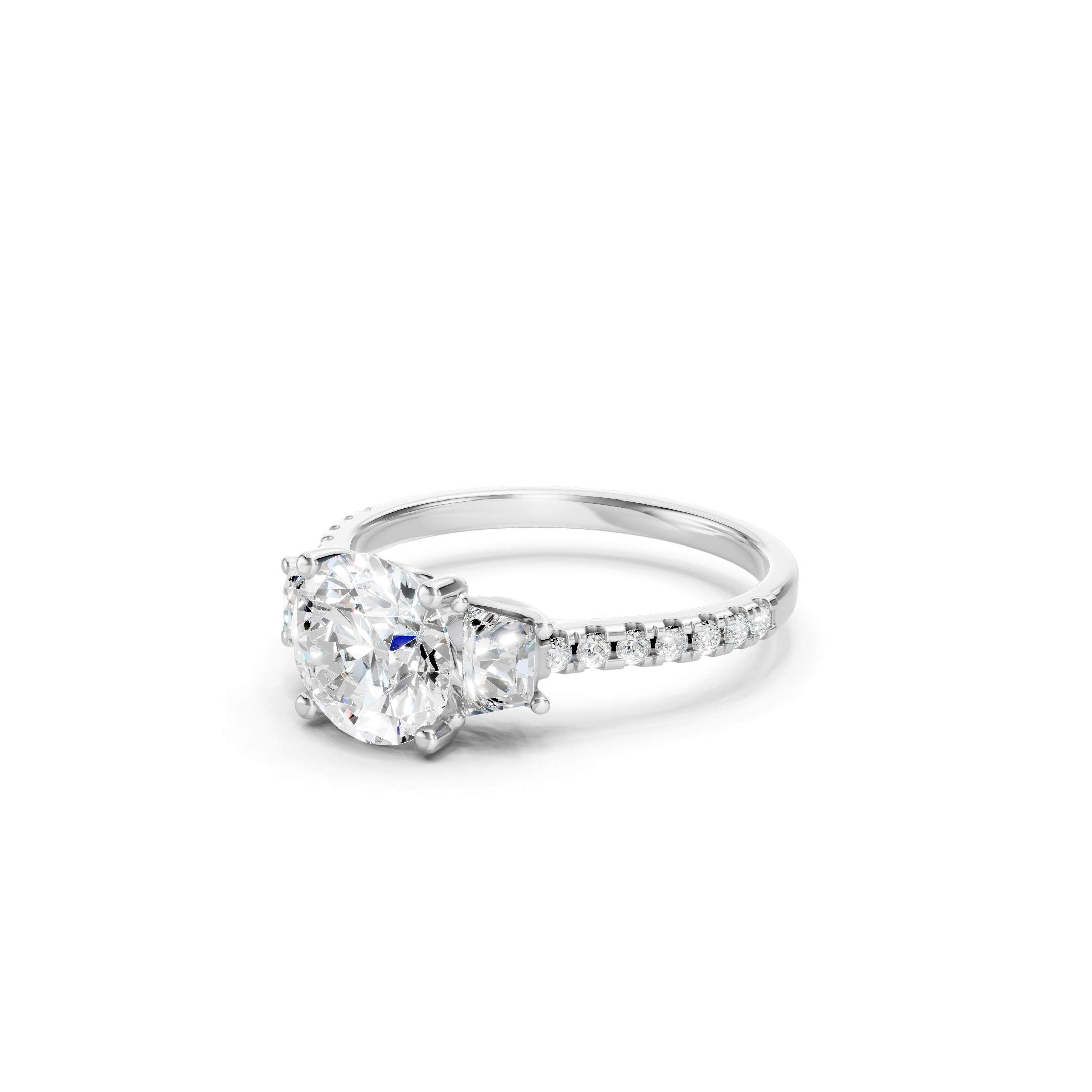Round Cut Lab Grown Diamond Three Stone Engagement Ring in White Gold, Trapezoid Side Diamonds, Pavé Diamond Band, Elegant Luxury Bridal Jewelry