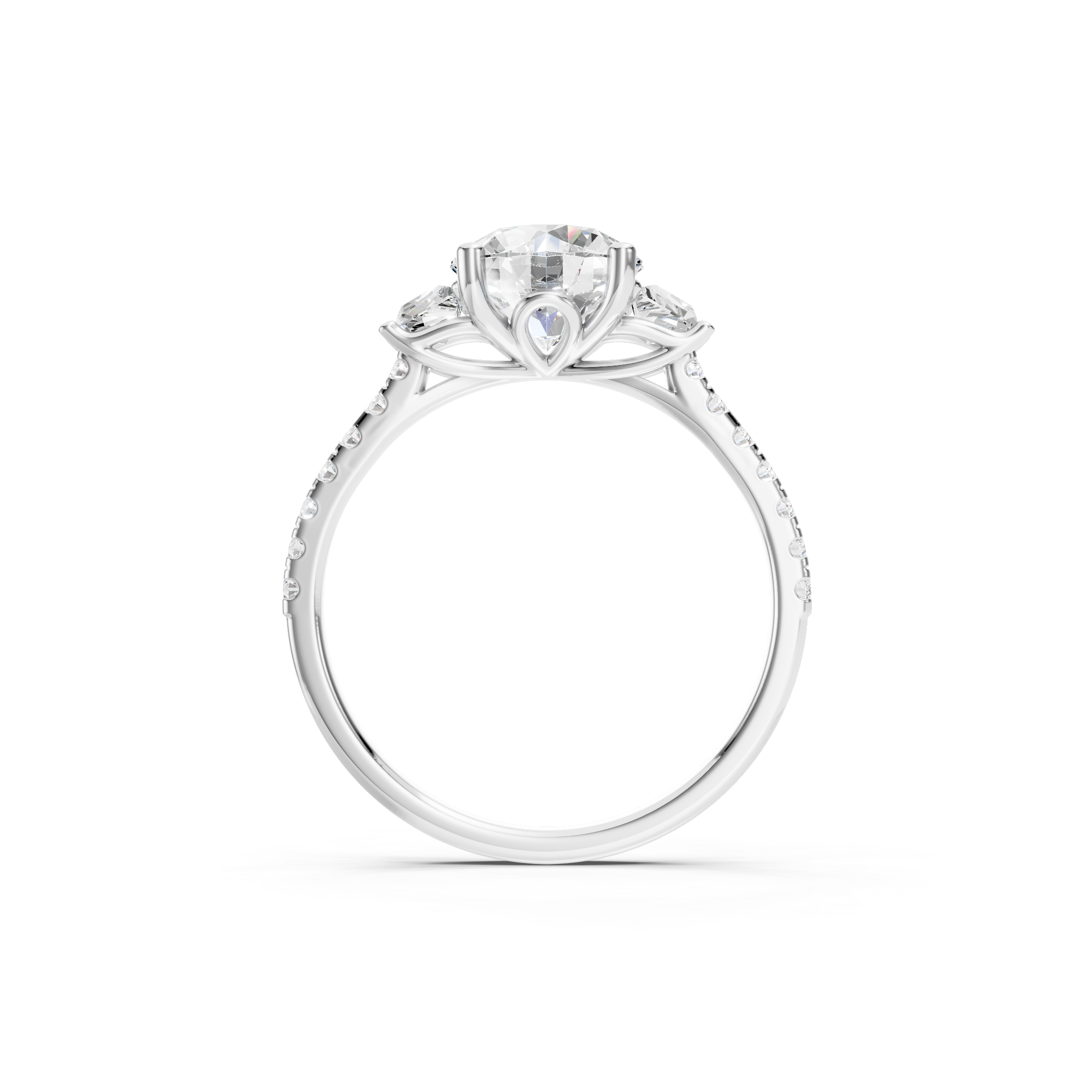Round Cut Lab Grown Diamond Three Stone Engagement Ring in White Gold, Trapezoid Side Diamonds, Pavé Diamond Band, Elegant Luxury Bridal Jewelry