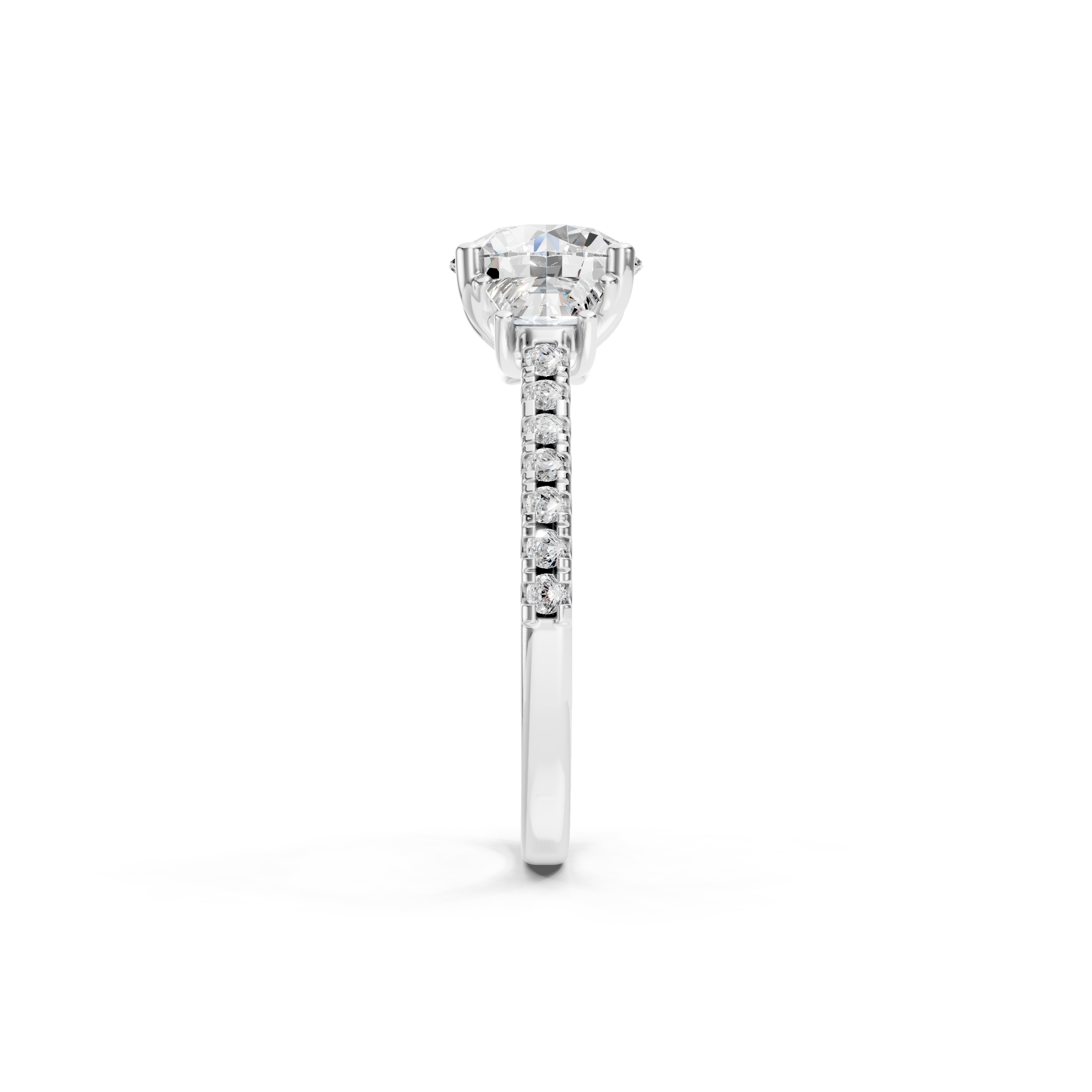 Round Cut Lab Grown Diamond Three Stone Engagement Ring in White Gold, Trapezoid Side Diamonds, Pavé Diamond Band, Elegant Luxury Bridal Jewelry