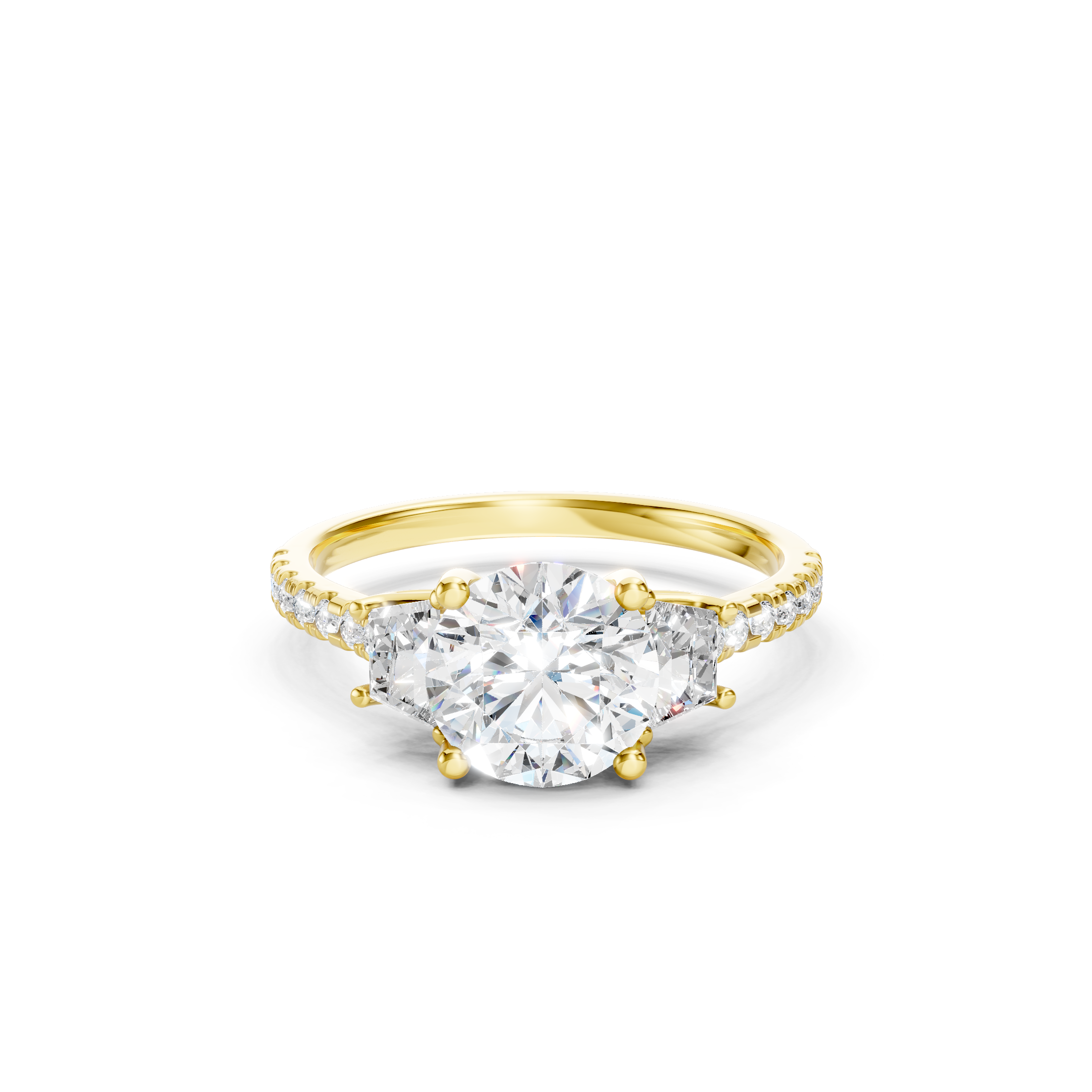 Round Cut Lab Grown Diamond Three Stone Engagement Ring in Yellow Gold, Trapezoid Side Diamonds, Pavé Diamond Band, Luxury Bridal Jewelry