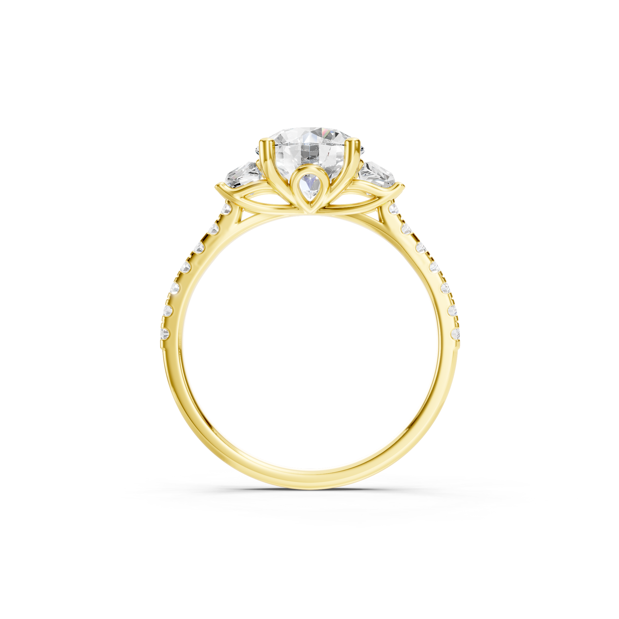 Round Cut Lab Grown Diamond Three Stone Engagement Ring in Yellow Gold, Trapezoid Side Diamonds, Pavé Diamond Band, Luxury Bridal Jewelry