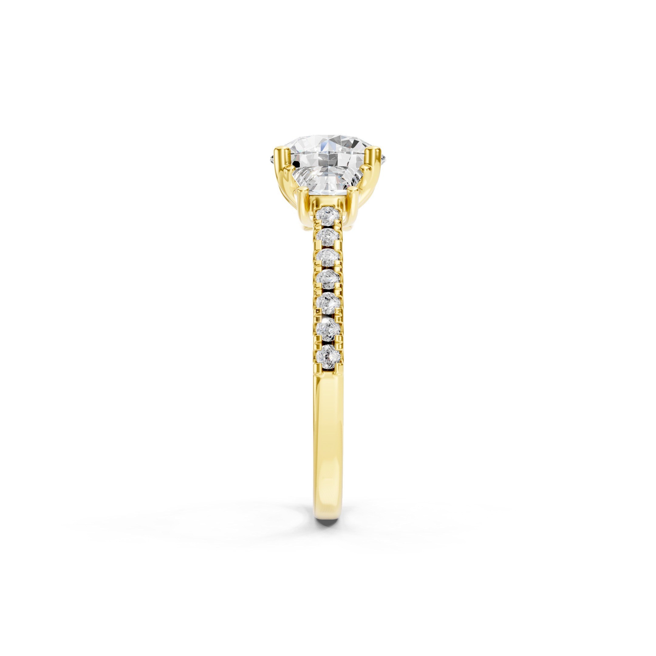 Round Cut Lab Grown Diamond Three Stone Engagement Ring in Yellow Gold, Trapezoid Side Diamonds, Pavé Diamond Band, Luxury Bridal Jewelry