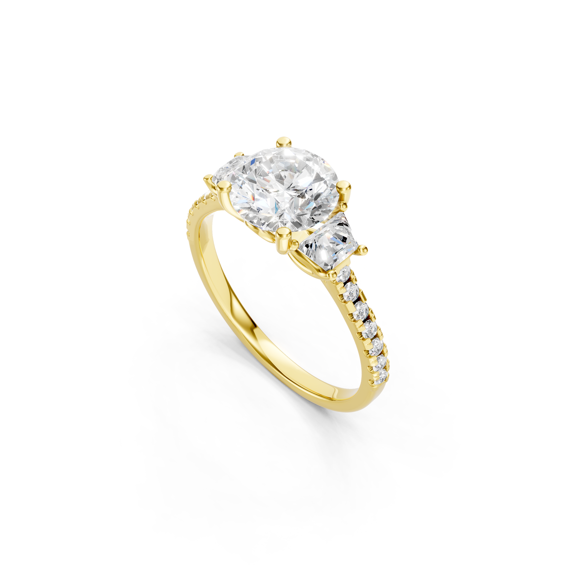 Yellow Gold Lab Grown Diamond Engagement Ring with Round Center Stone and Trapezoid Side Stones, Prong Setting and Sparkling Pavé Diamond Wedding Band, Side View