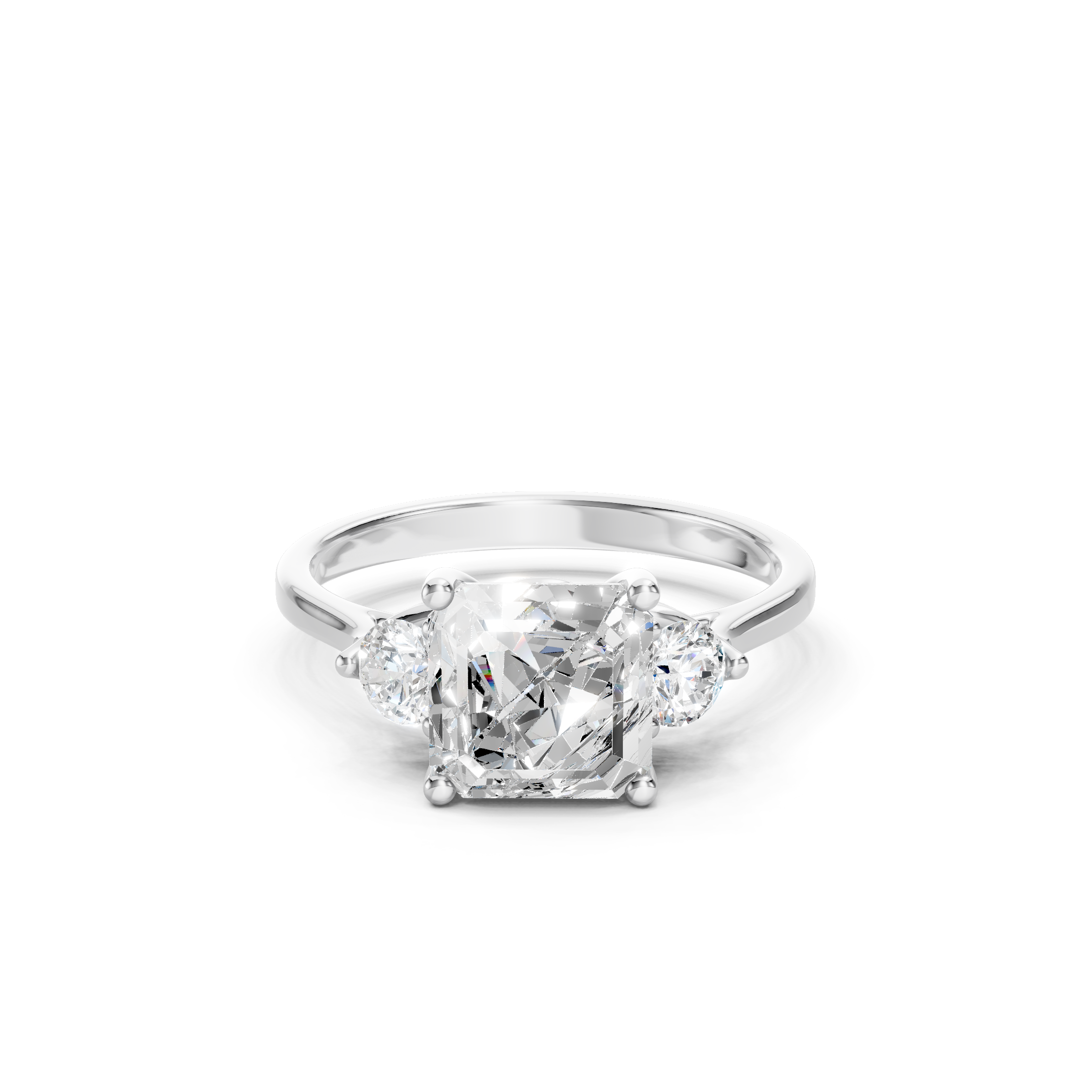 Asscher Cut Lab Grown Diamond Engagement Ring in White Gold, Three Stone Bridal Ring with Round Diamond Side Stones, Elegant Solitaire Ring for Women