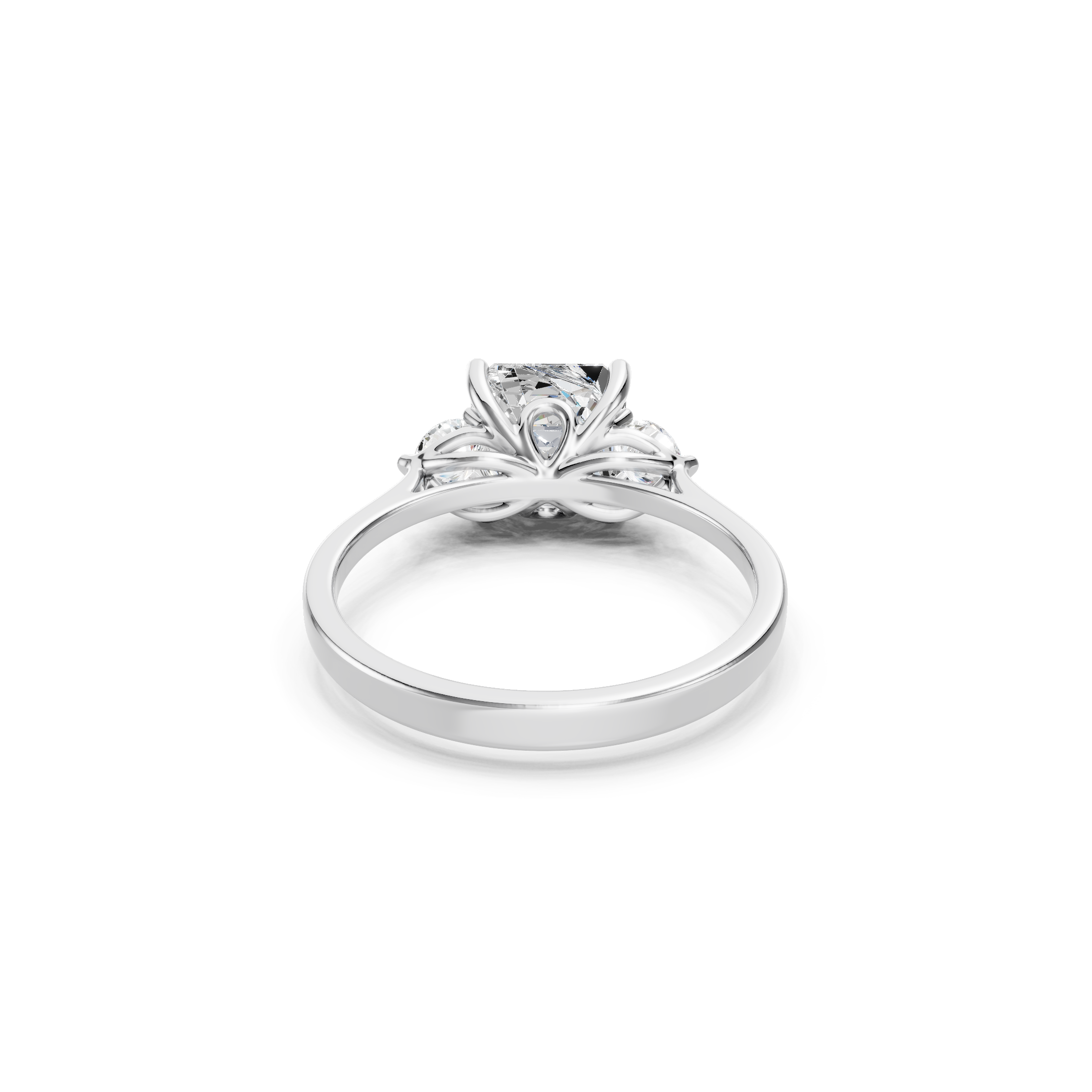 White Gold Lab Grown Diamond Engagement Ring Featuring an Asscher Cut Center Stone, Round Diamond Accents and Decorative Open Basket Setting, Rear View