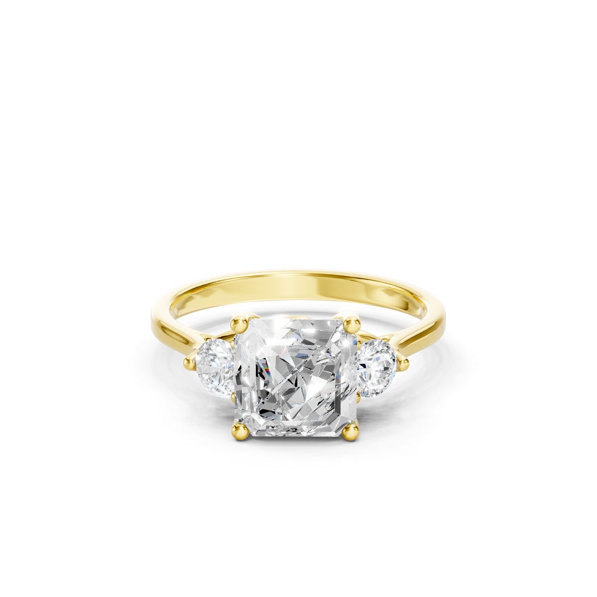 Asscher Cut Lab Grown Diamond Engagement Ring in Yellow Gold, Three Stone Bridal Ring with Round Side Diamonds, Elegant Solitaire Ring for Women