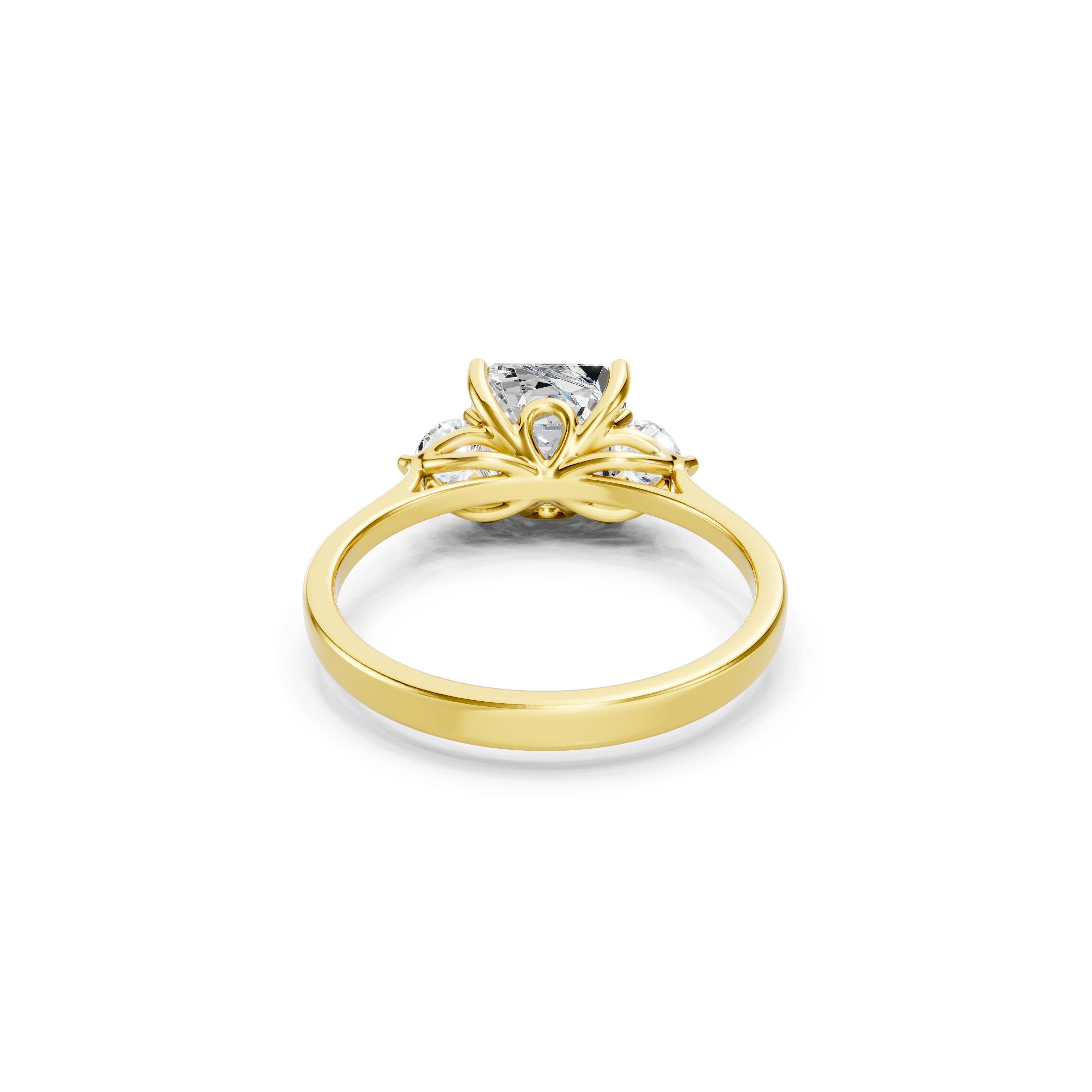 Yellow Gold Lab Grown Diamond Engagement Ring Featuring an Asscher Cut Center Stone, Round Diamond Accents and Decorative Open Basket Setting, Rear View