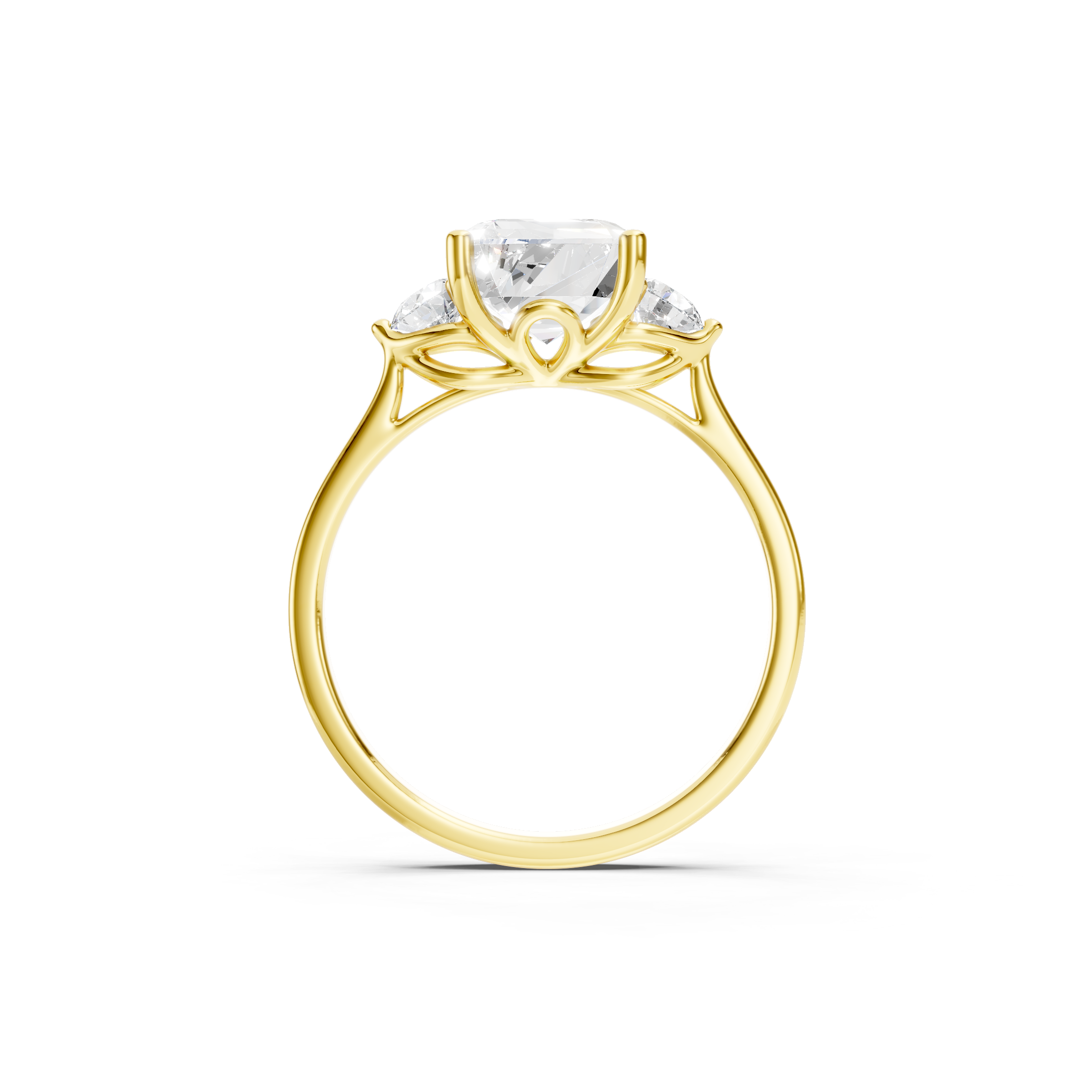 Asscher Cut Lab Grown Diamond Engagement Ring in Yellow Gold, Three Stone Bridal Ring with Round Side Diamonds, Elegant Solitaire Ring for Women