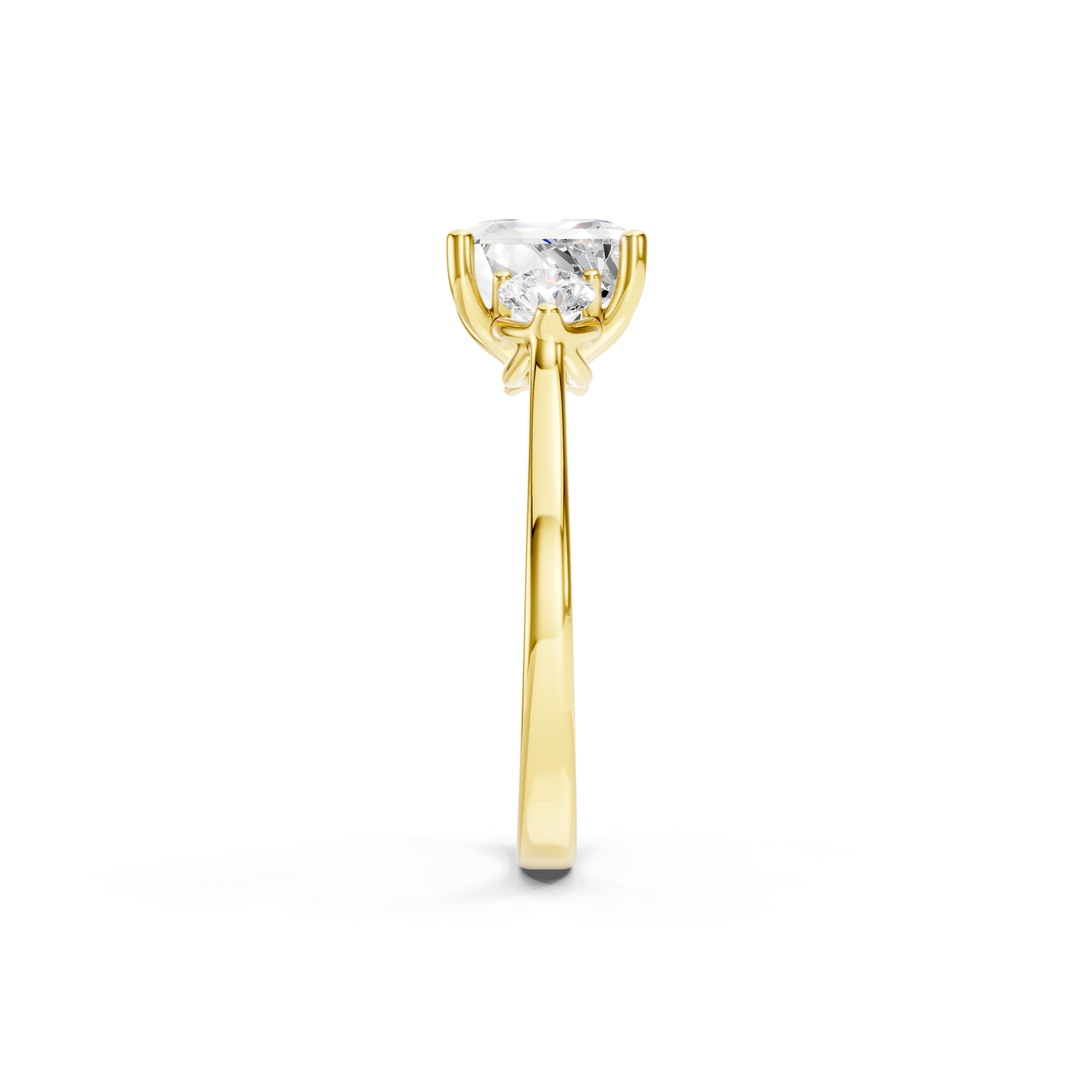Asscher Cut Lab Grown Diamond Engagement Ring in Yellow Gold, Three Stone Bridal Ring with Round Side Diamonds, Elegant Solitaire Ring for Women