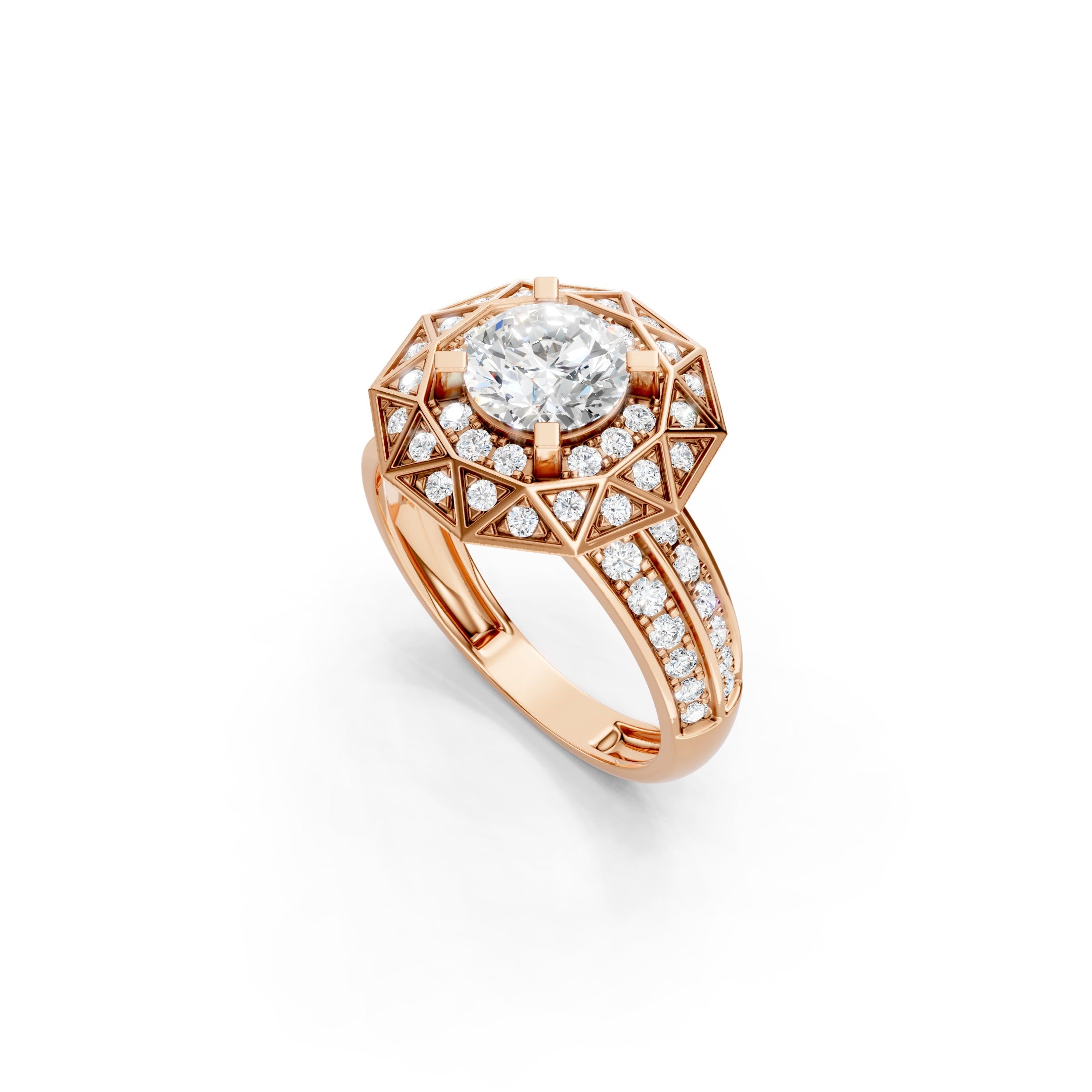 1.70 CT Round Lab Grown Diamond Engagement Ring, Geometric Halo Ring