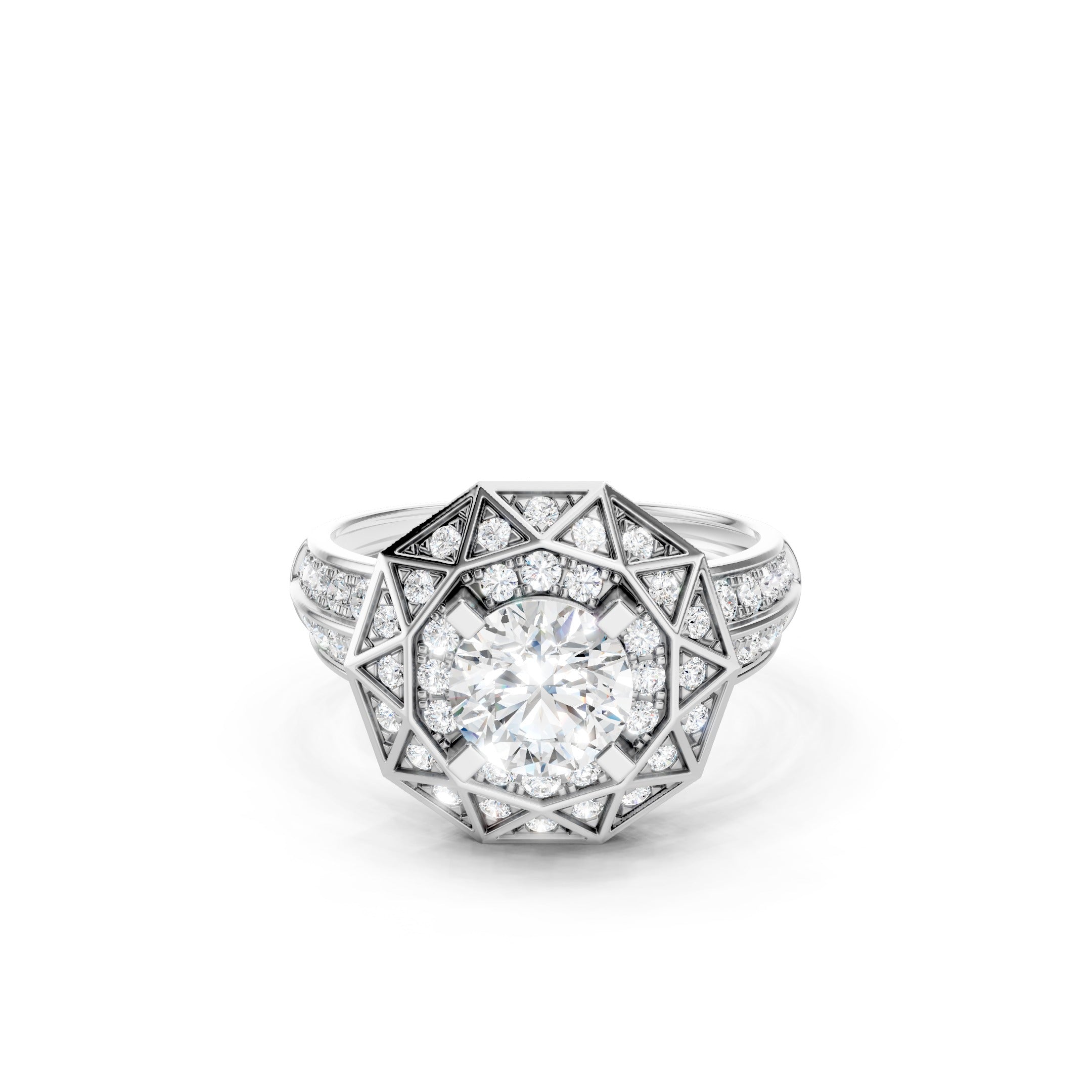 1.70 CT Round Lab Grown Diamond Engagement Ring, Geometric Halo Ring