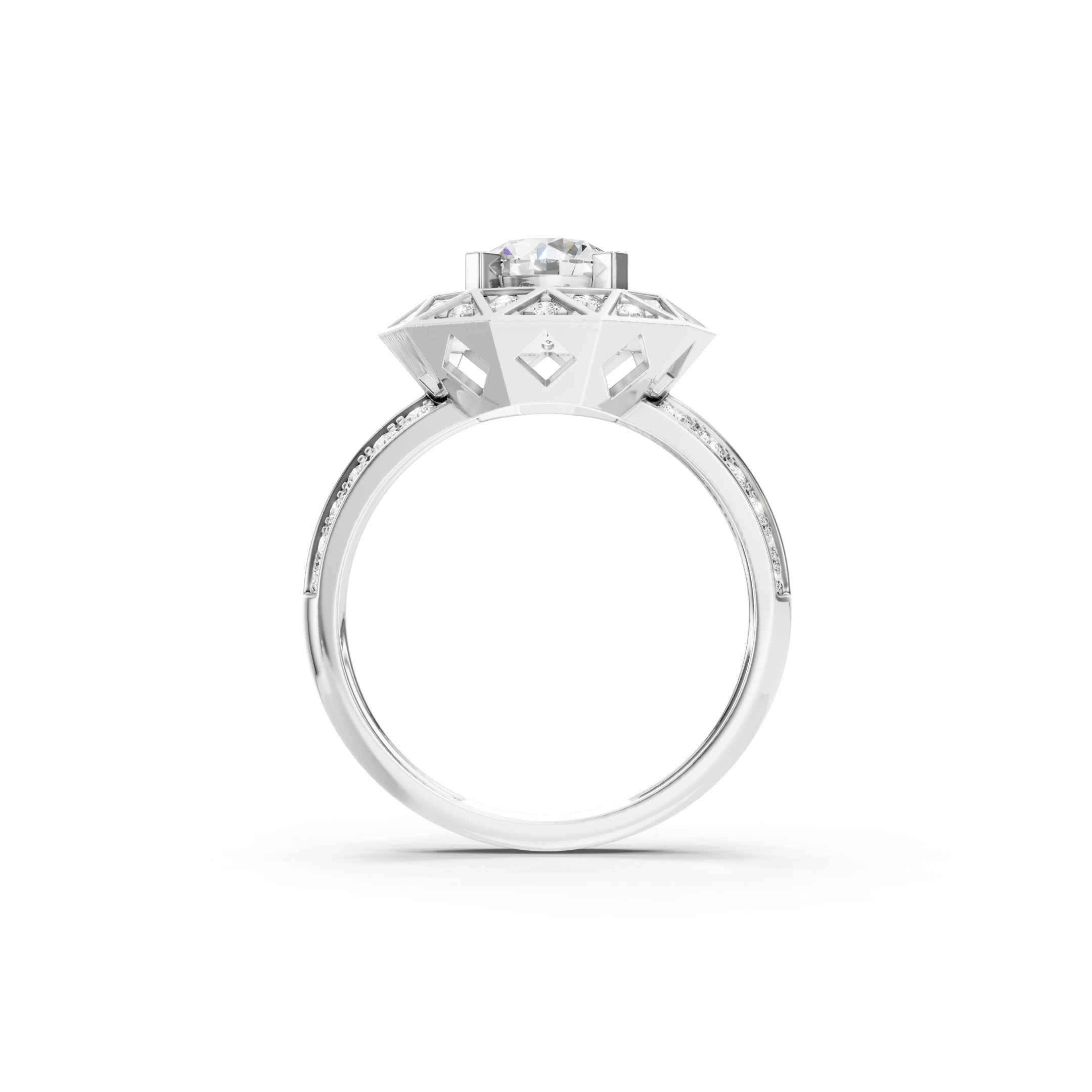 1.70 CT Round Lab Grown Diamond Engagement Ring, Geometric Halo Ring