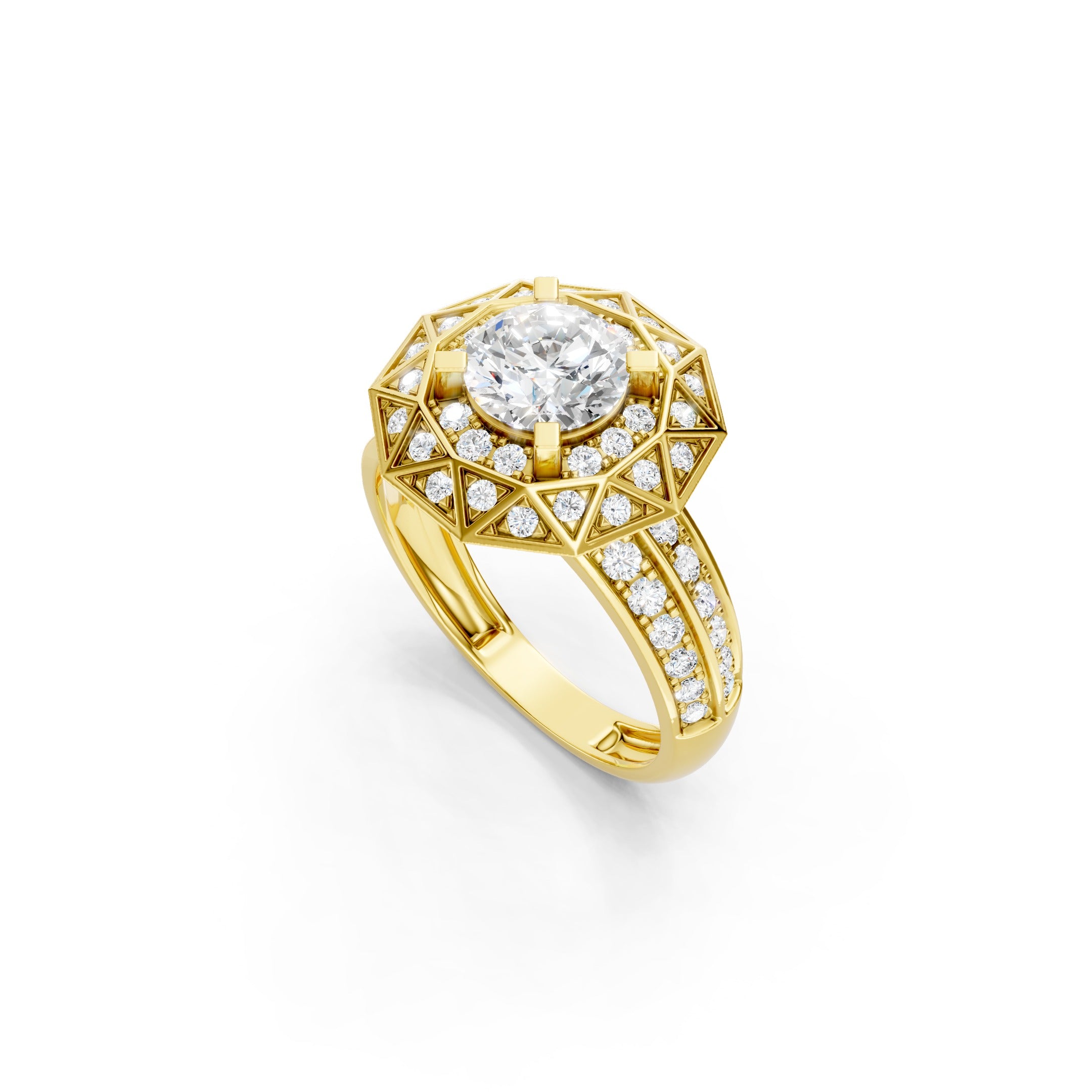 1.70 CT Round Lab Grown Diamond Engagement Ring, Geometric Halo Ring
