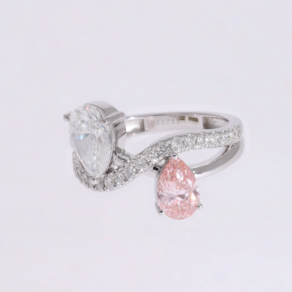 💍 2.22 Ct Two-Stone Pink & White Pear Cut Diamond "Toi et Moi" Wave Ring | 14k White / Yellow Gold ✨💎