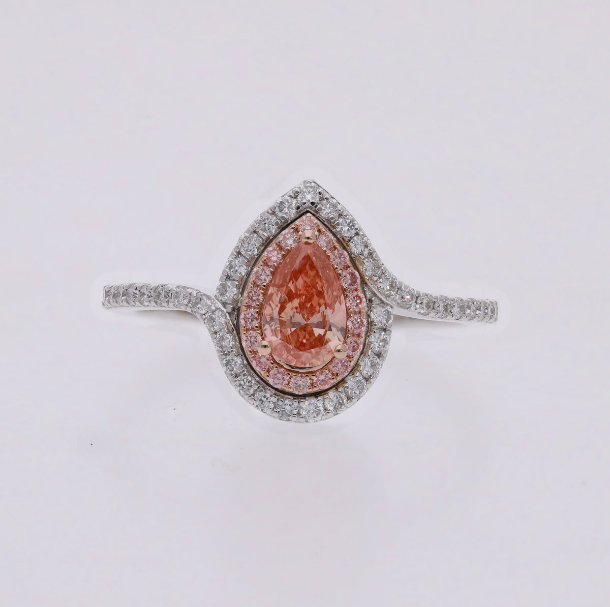 0.85 Ct Pink Pear & Round Cut Diamond Double Halo Bypass Ring | 14k Gold