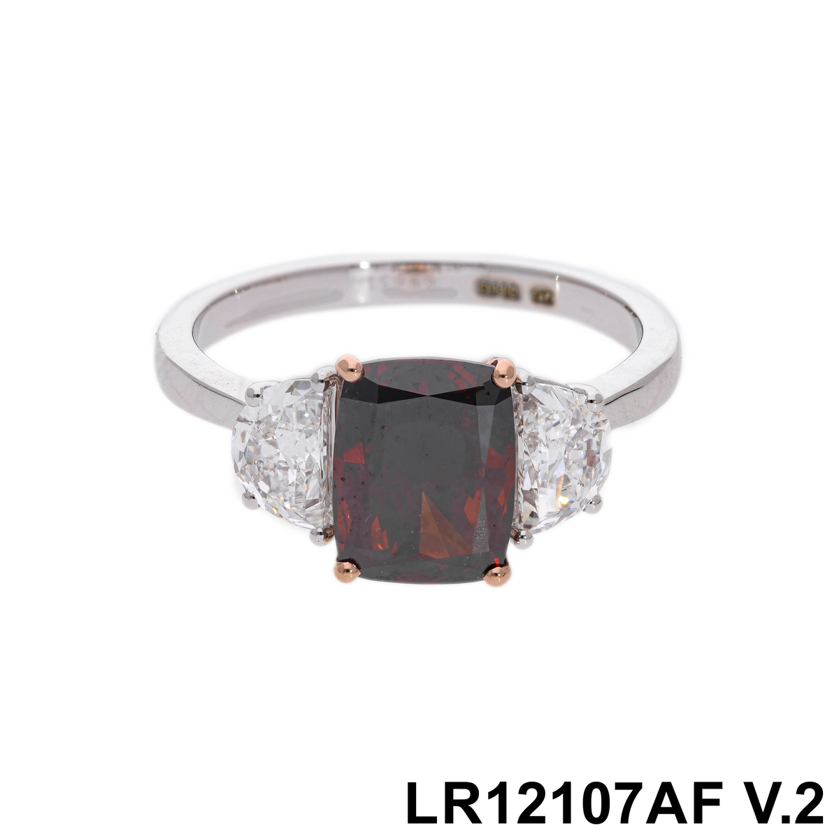 2.90 Ct Red Cushion & Half Moon Cut Labgrown Diamond Three-Stone Ring | 14k Yellow, White, Rose Gold
