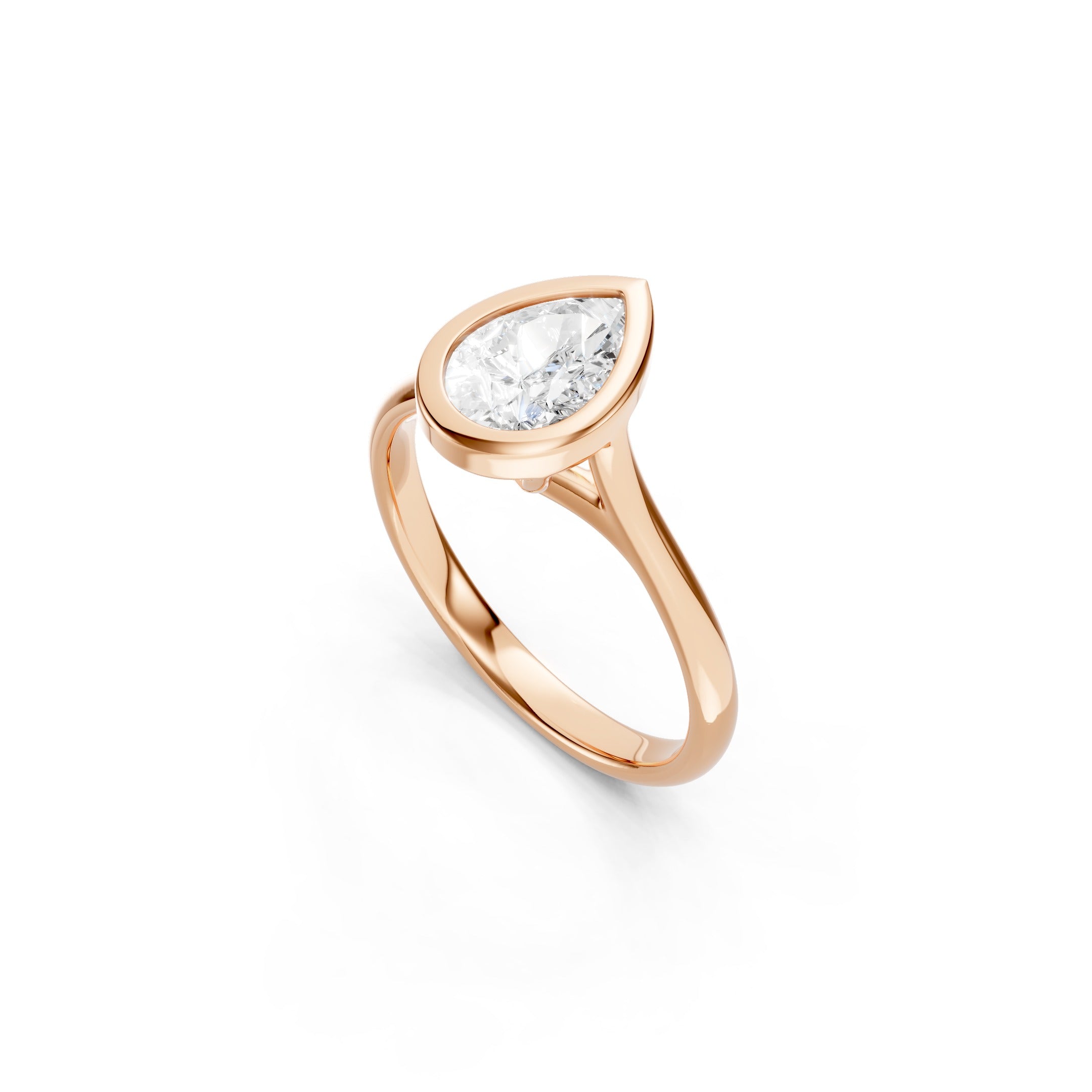 Pear Shaped Lab Grown Diamond Engagement Ring in Solid Rose Gold, Modern Bezel Set Solitaire Bridal Ring
