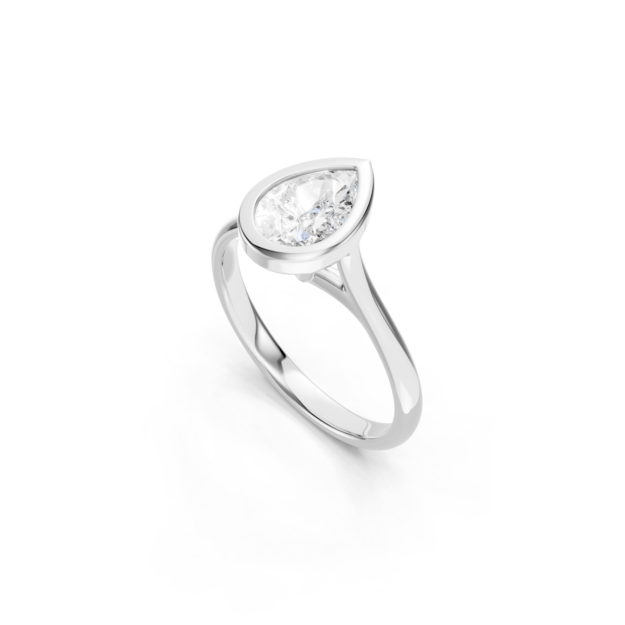 Elegant Pear Shaped Lab Grown Diamond Engagement Ring in Solid White Gold, Modern Bezel Set Solitaire Design